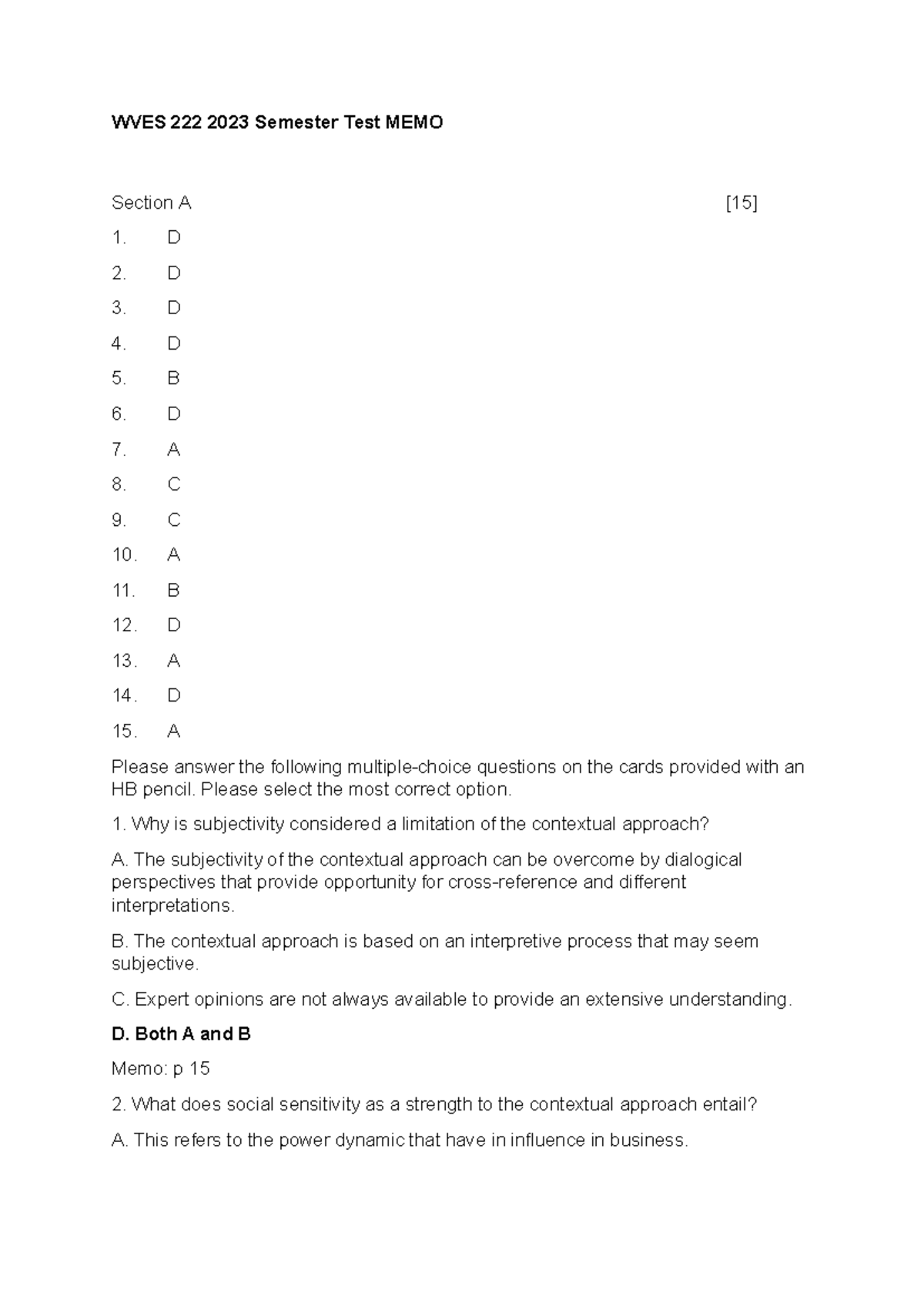 WVES 222 2023 Semester Test Memo: Comprehensive Answers & Analysis ...