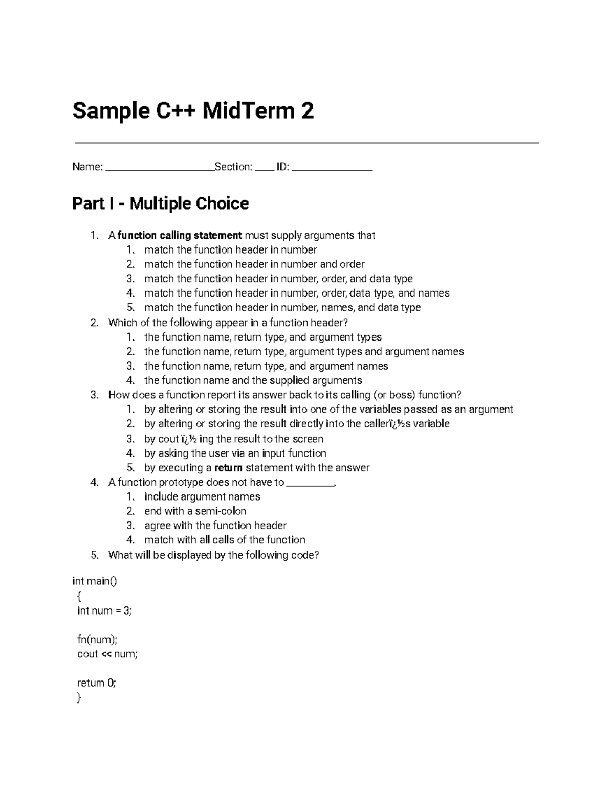 Sample C++ Midterm 2 Review with Answers and Explanations - Studocu