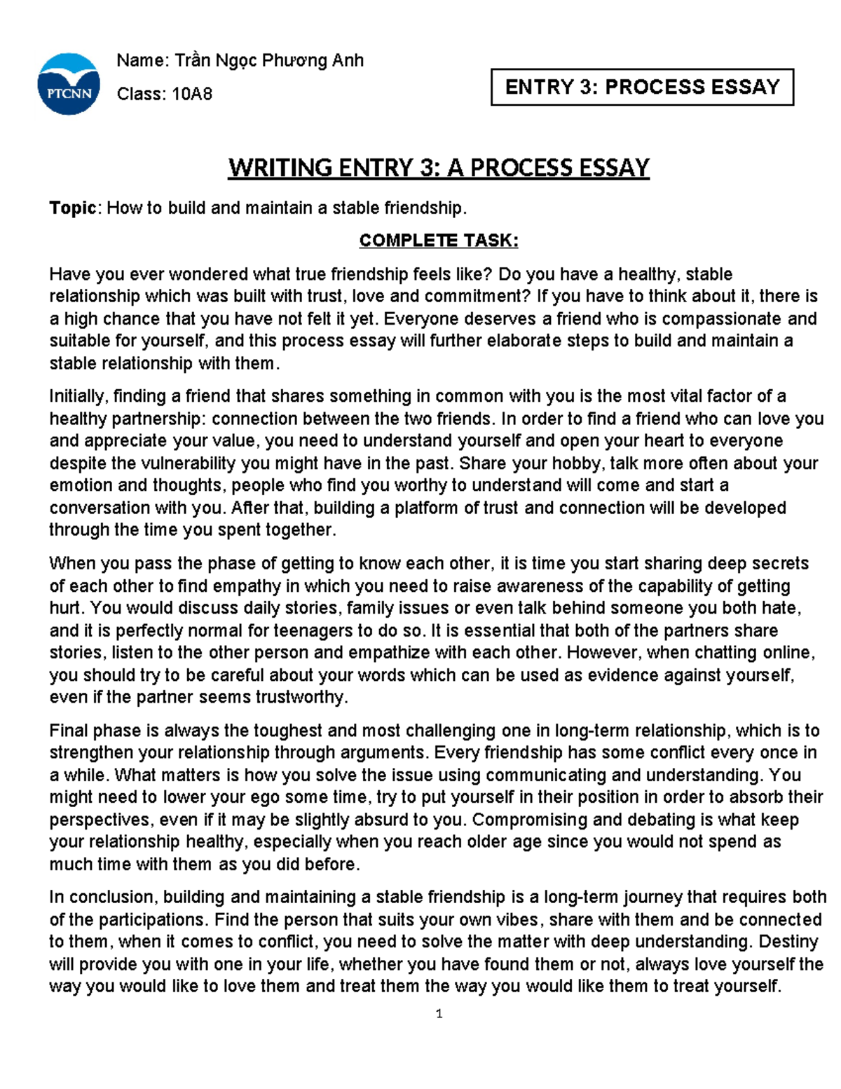 10A8 Writing Entry 3: Process Essay on Building Stable Friendships ...