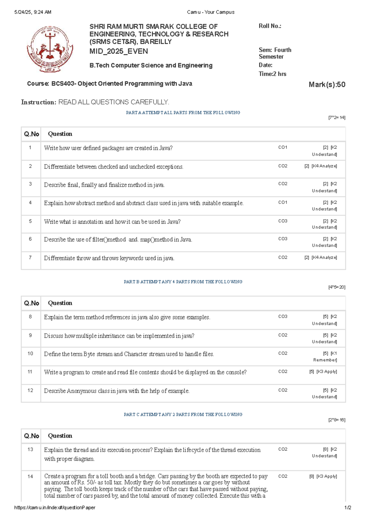 OOP with Java Midterm Exam - SRMS BAREILLY (Roll No: MID_2025_EVEN ...