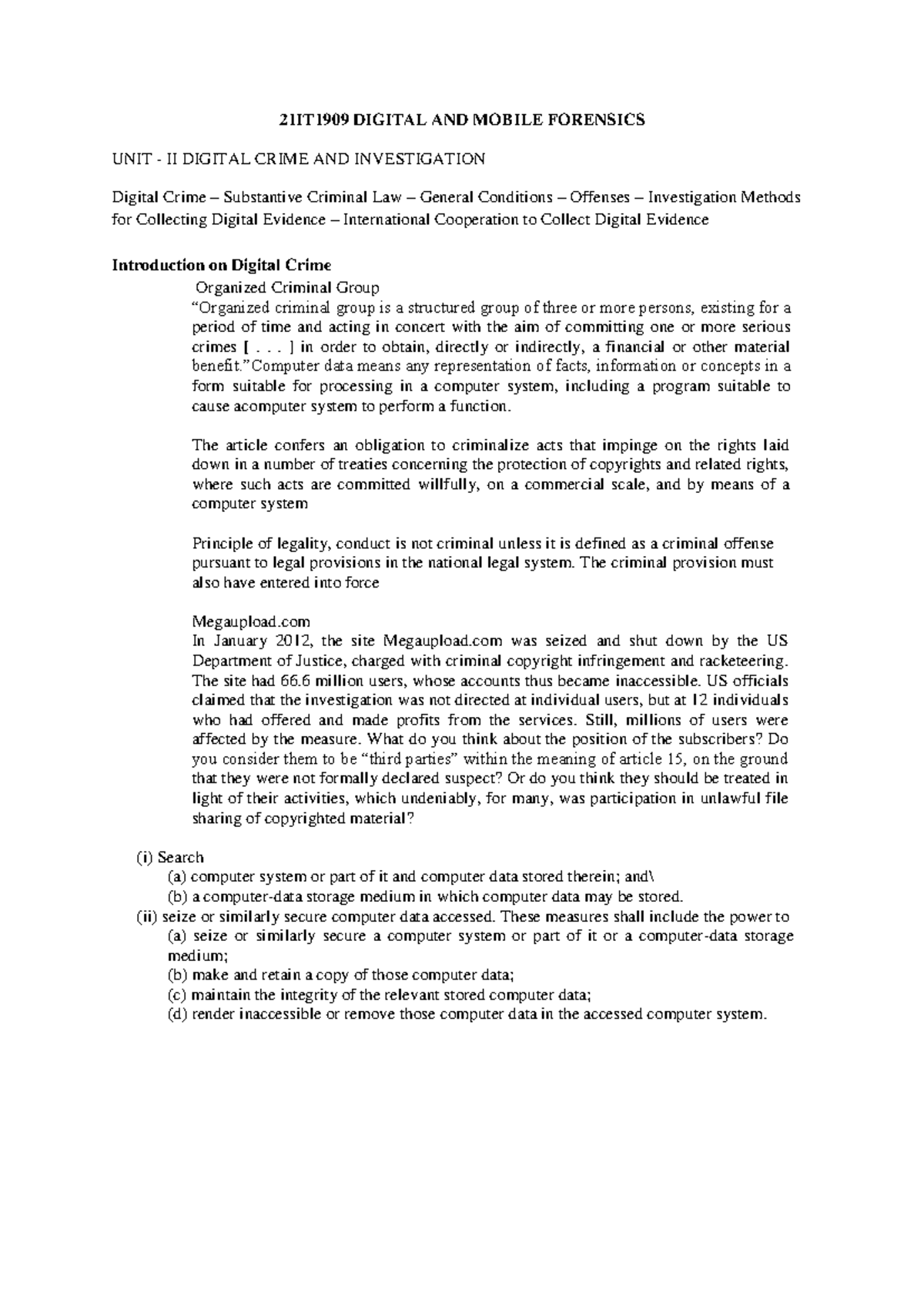 21IT1909 DIGITAL AND MOBILE FORENSICS UNIT II: DIGITAL CRIME ...