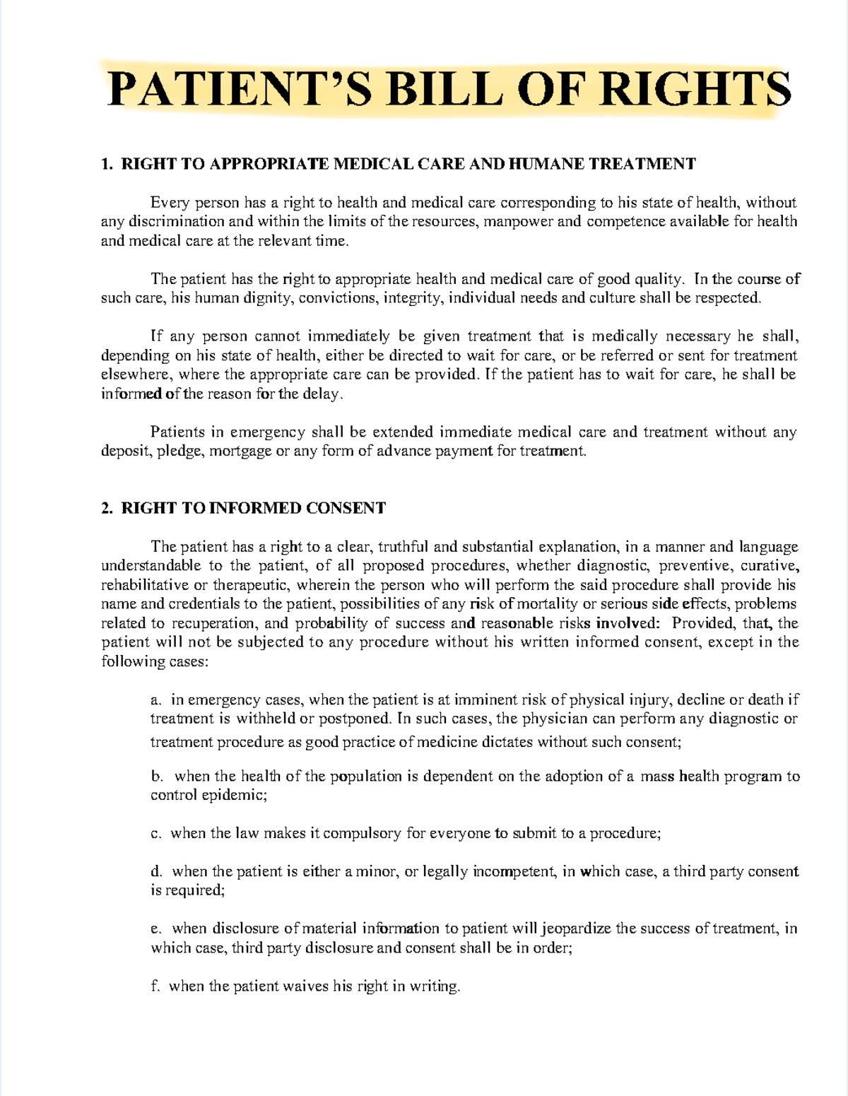 BILL OF RIGHTS: Patient Rights to Care and Treatment Standards - Studocu