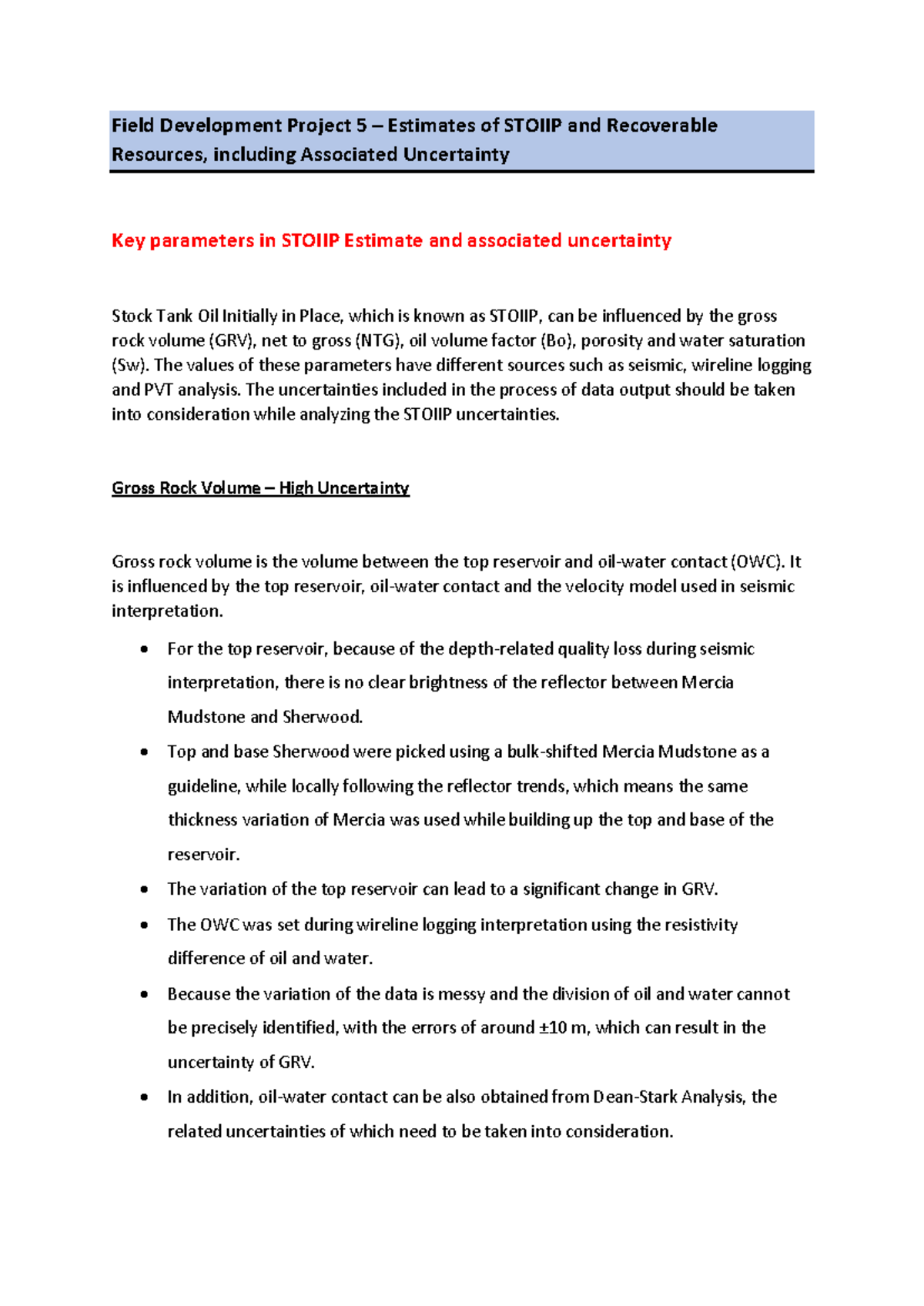 Field Development Project 5: STOIIP Estimates & Resource Uncertainty ...