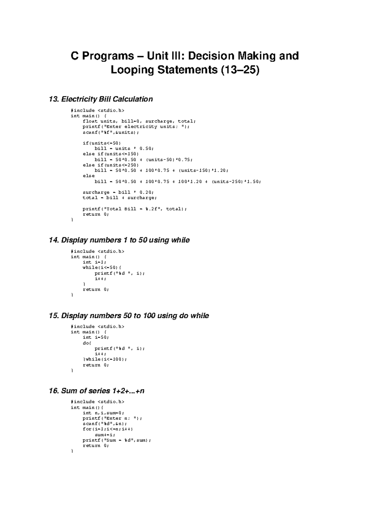 C Programs Unit 3: Decision Making & Looping Statements Notes - Studocu