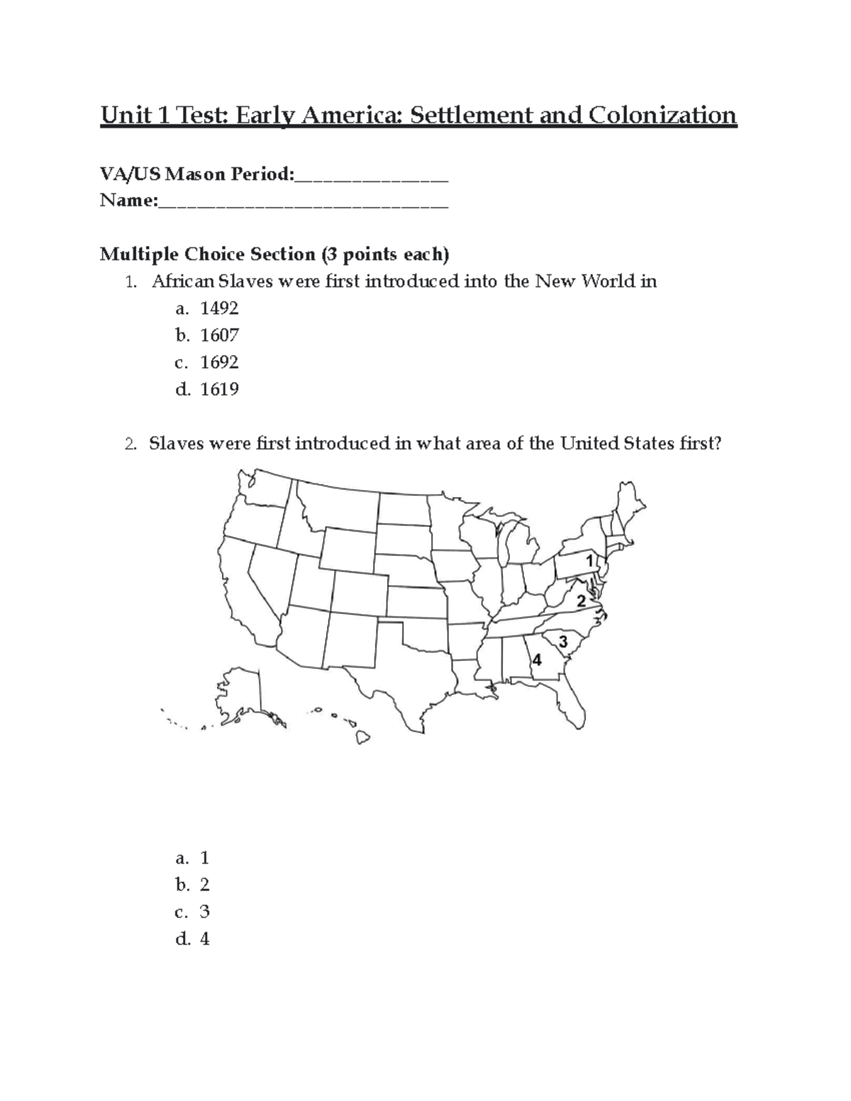 Unit 1 Test: Early America - Settlement & Colonization (VA/US) - Studocu