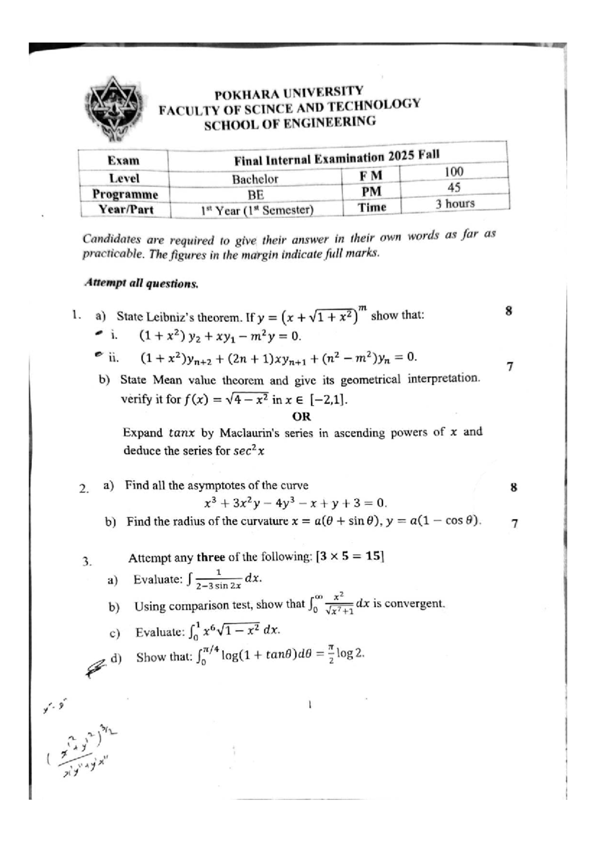Calculus I - Final Exam Questions for FM 100 BE PM 45, Fall 2025 - Studocu