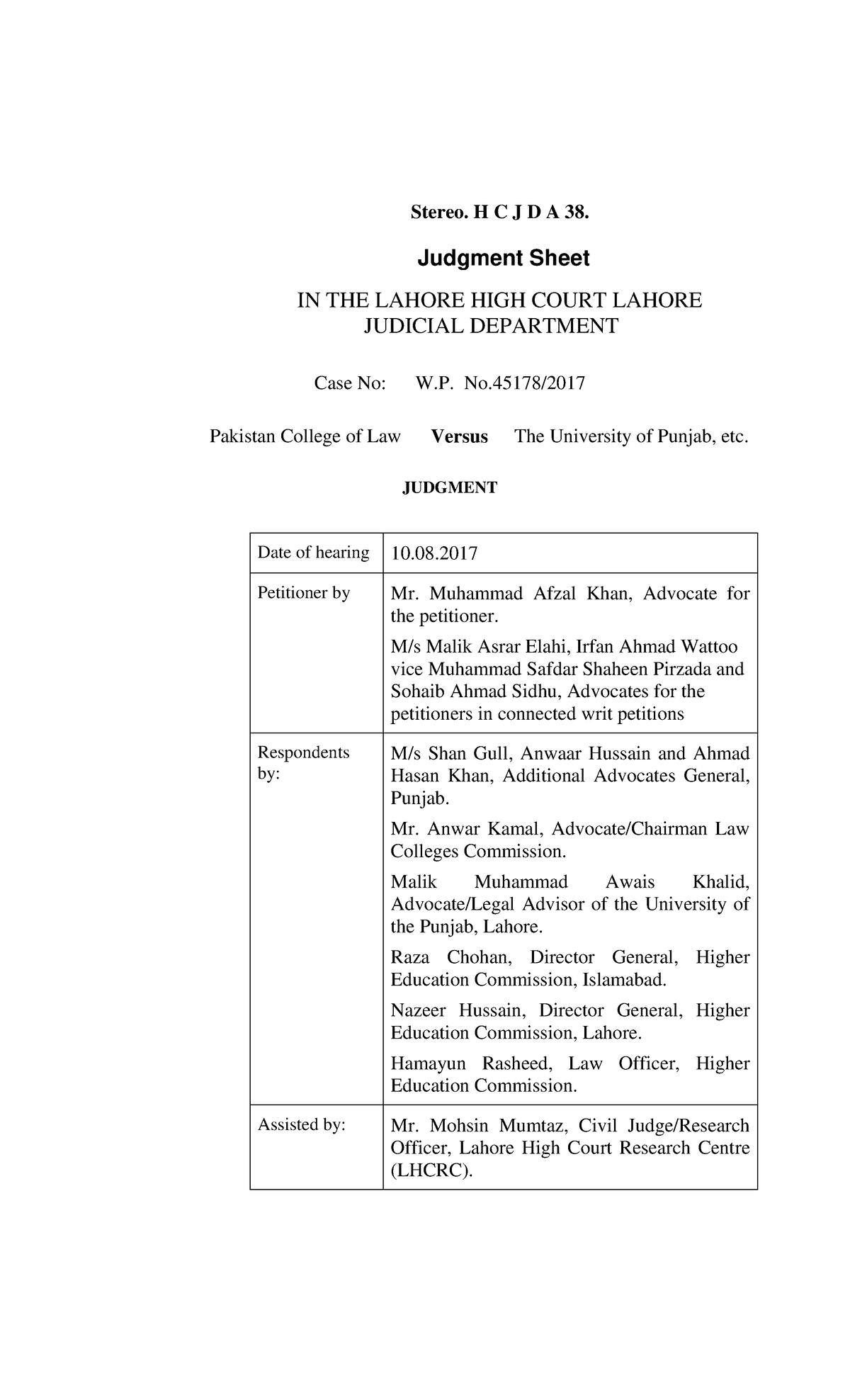 Judgment Sheet: W.P. Pakistan College of Law vs. University of Punjab ...