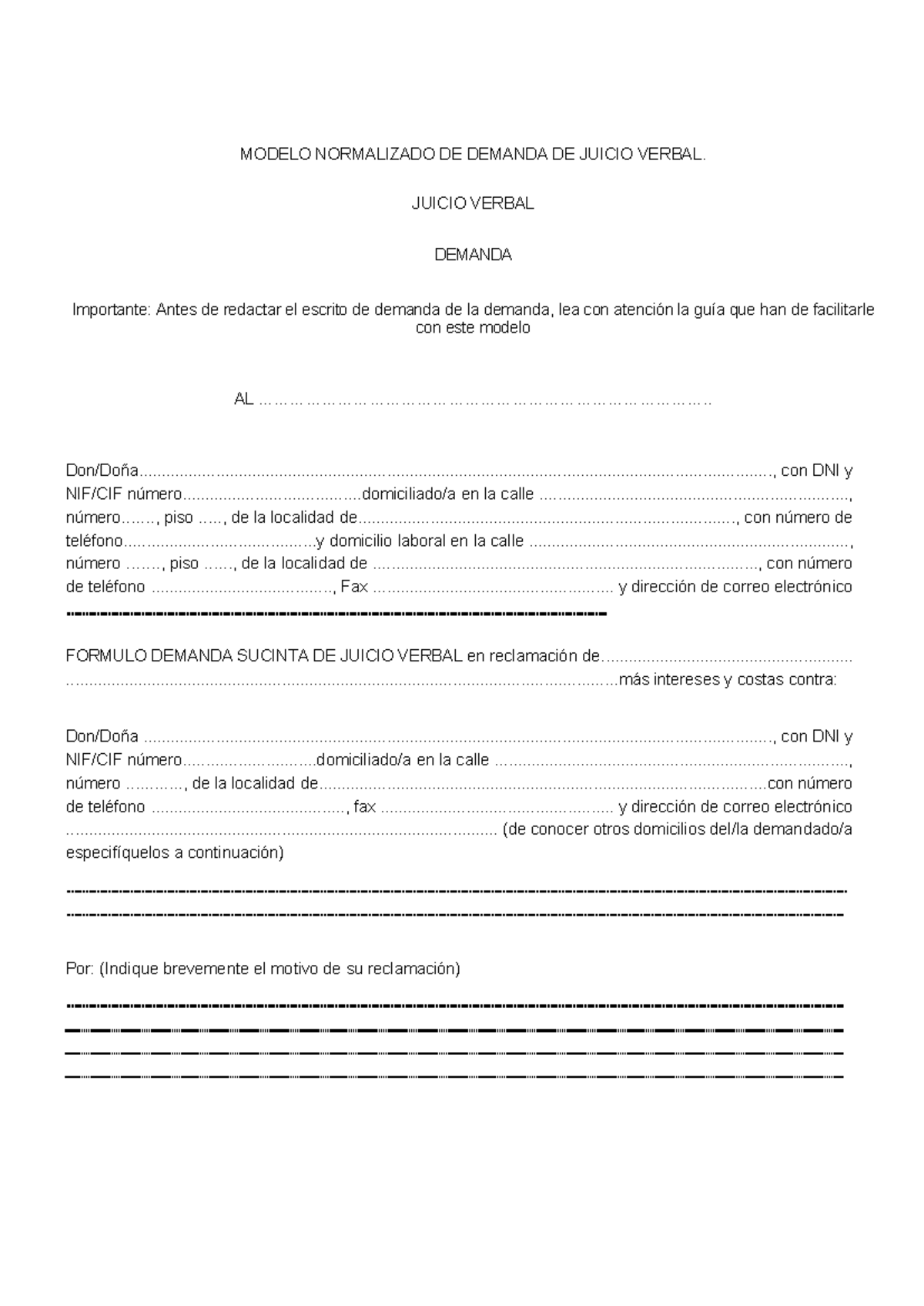 Modelo Normalizado de Demanda Sucinta - Juicio Verbal (Práctica 12 ...