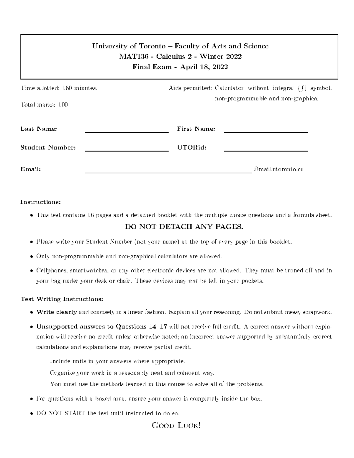 MAT136 W22 Final Exam - Practice with Past Questions & Solutions - Studocu