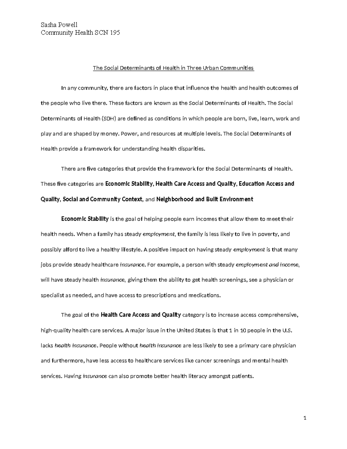 SCN 195 Assignment #2: Social Determinants of Health in Urban Areas ...