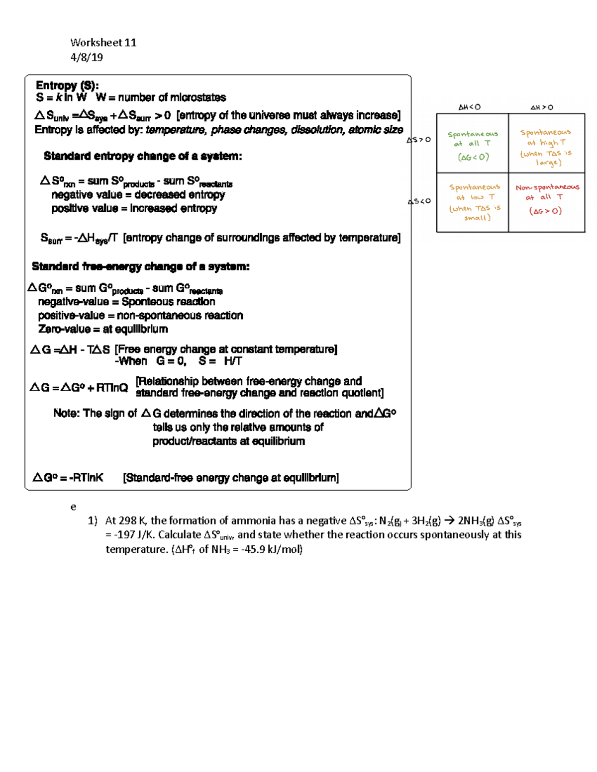 Worksheet 11 - Practice Questions on Entropy Calculations and ...