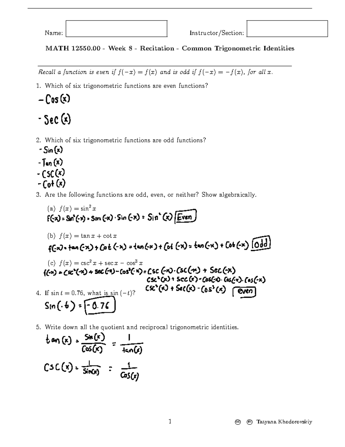 MATH 12550.00 Week 8 Recitation: Trigonometric Identities - Studocu