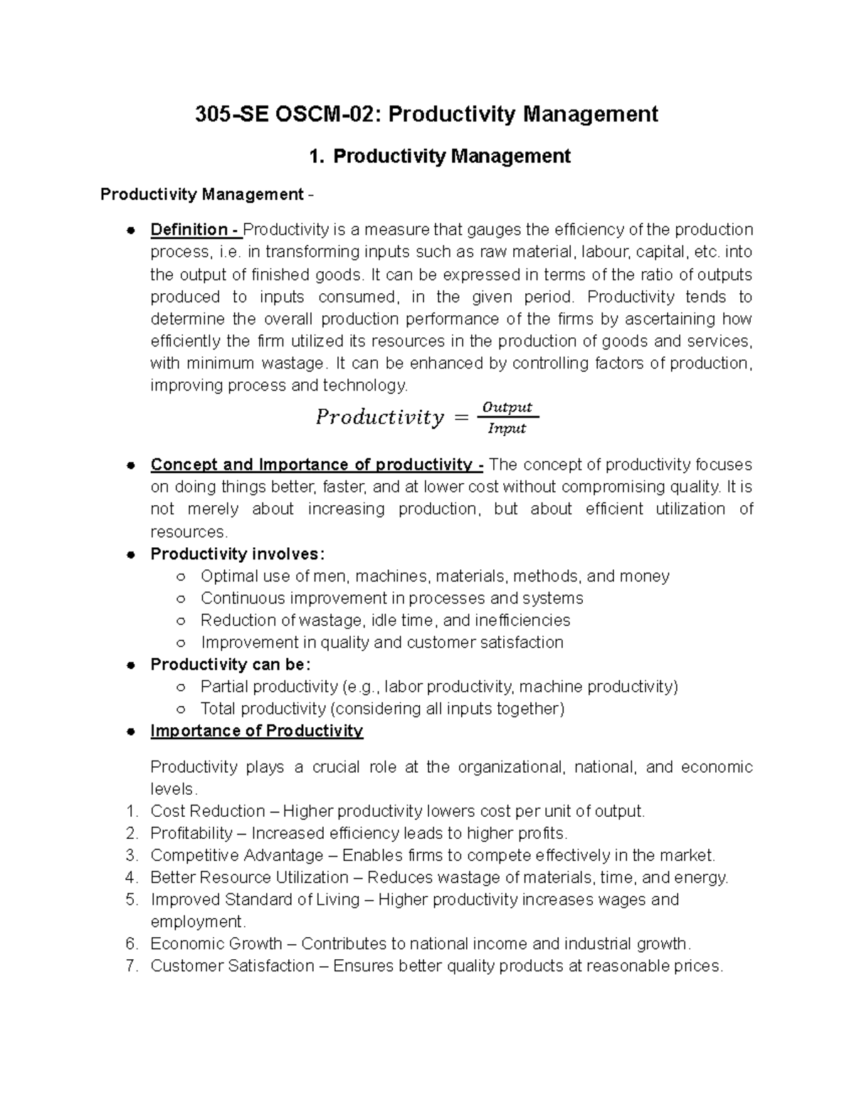 305-SE OSCM-02 Final Exam Notes on Productivity Management - Studocu