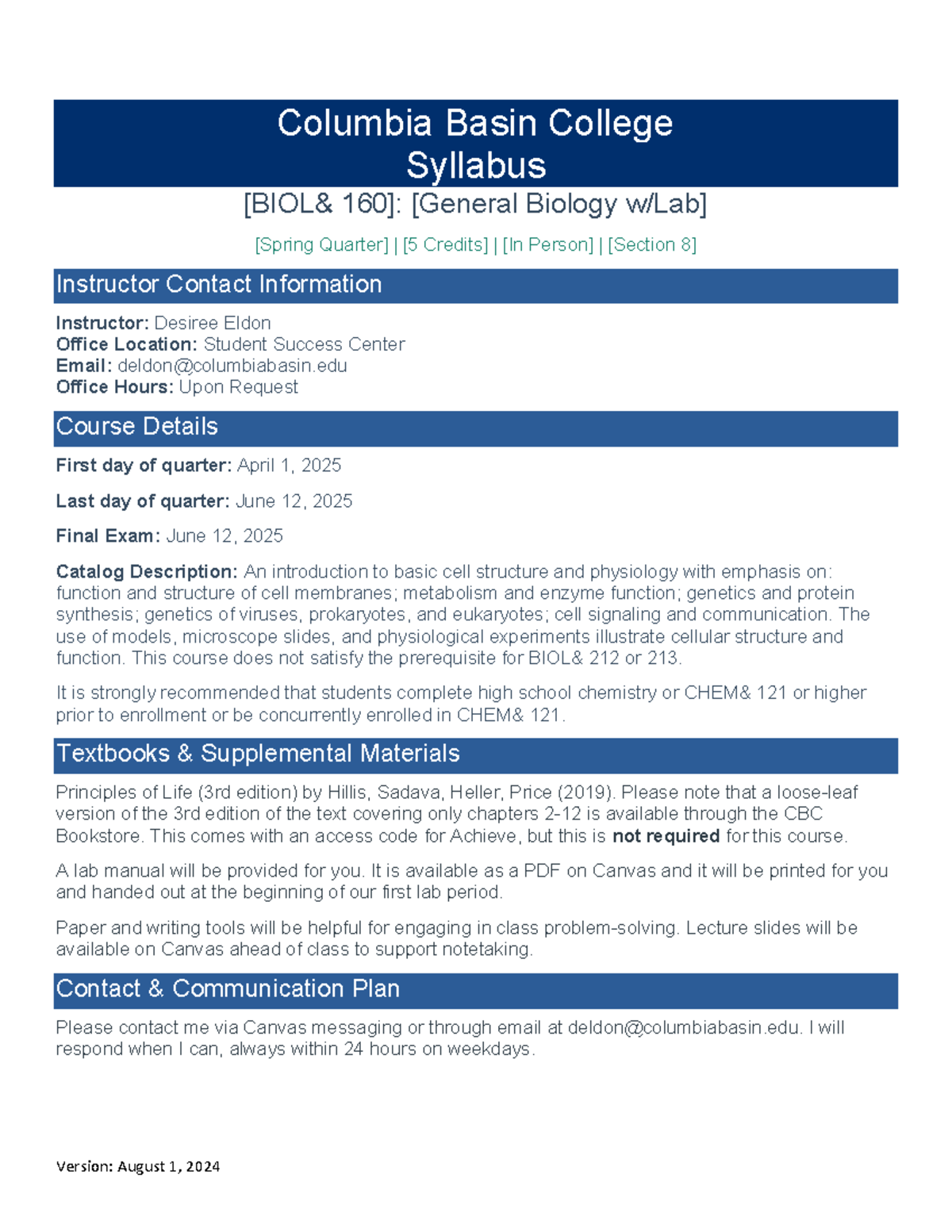 CBC BIOL& 160 Spring 2025 Course Syllabus & Policies Overview - Studocu
