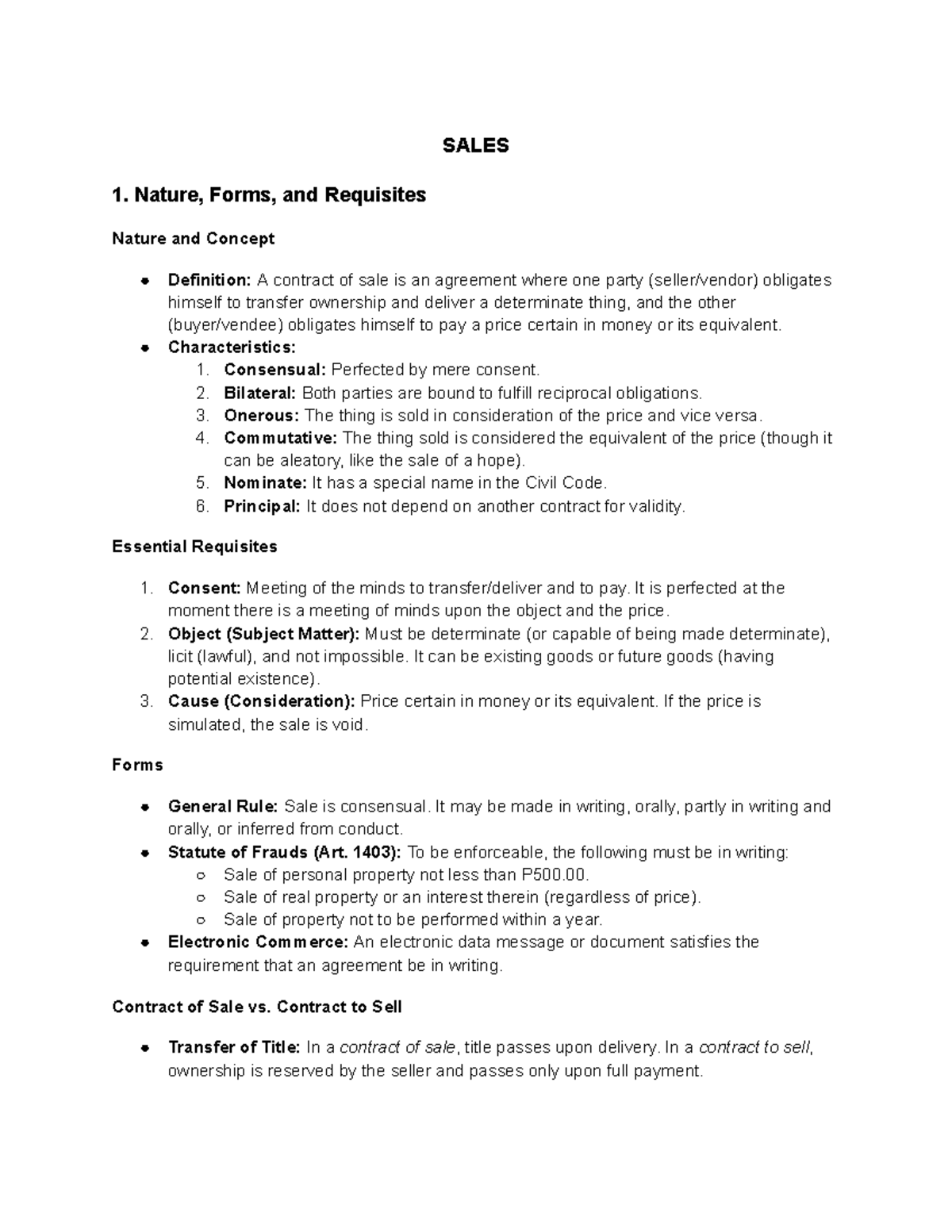 RFBT - Law on Sales: Nature, Forms, and Essential Requisites - Studocu