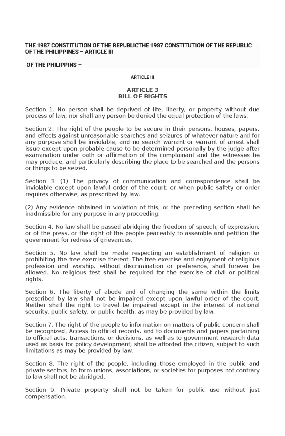 Bill of Rights: 1987 Constitution of the Philippines (Article 3) - Studocu