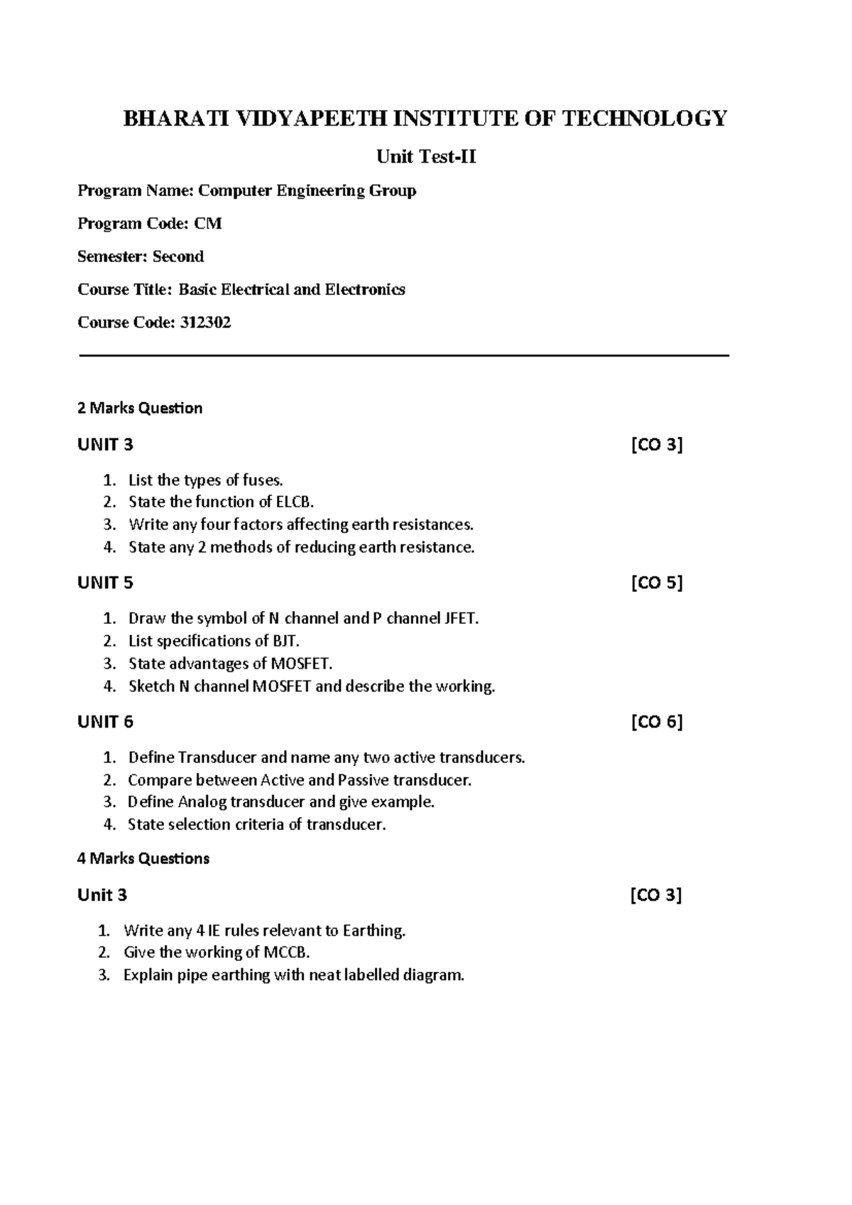 Unit Test 2 - 312302: Basic Electrical & Electronics Engineering - Studocu