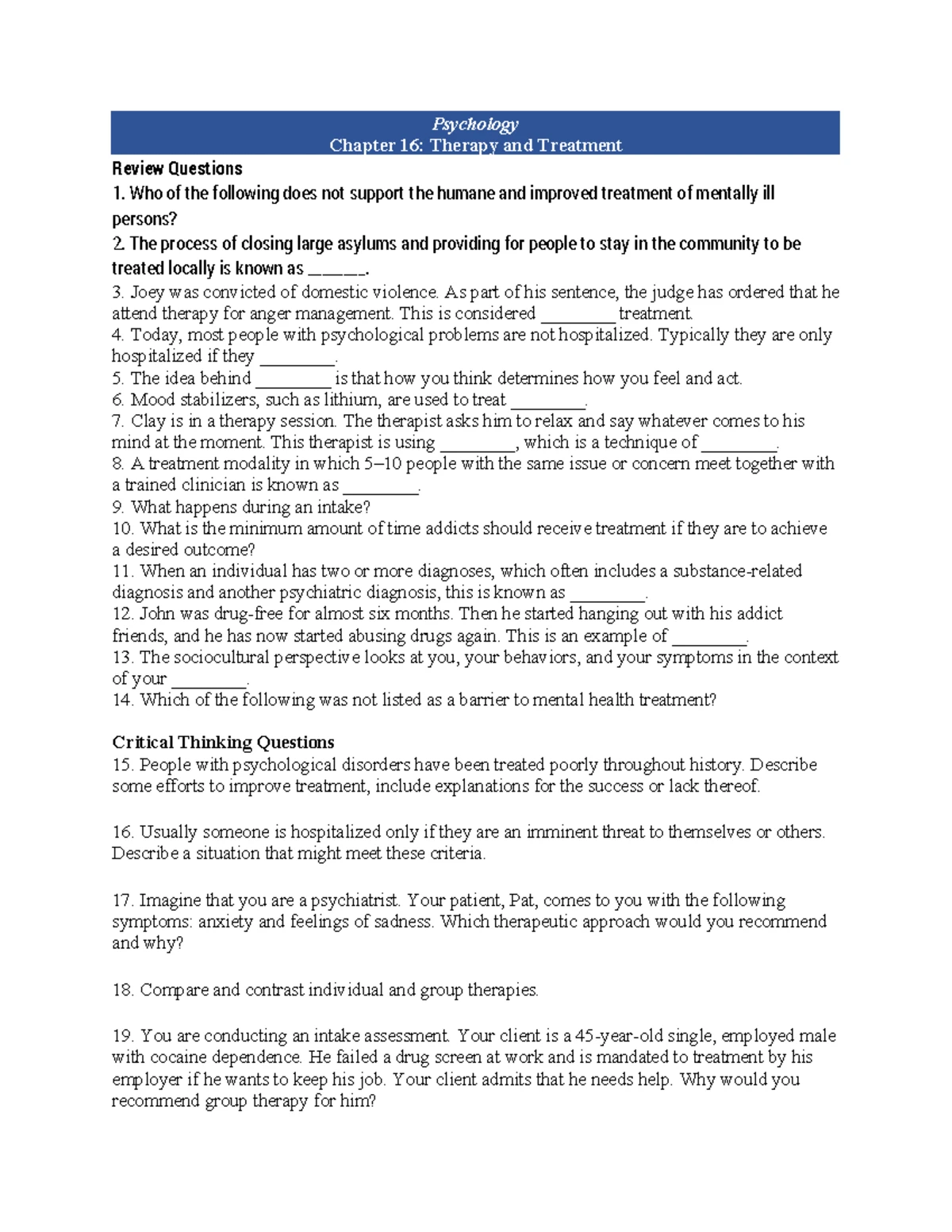 Psychology 101 - Chapter 15: Psychological Disorders Review Questions ...