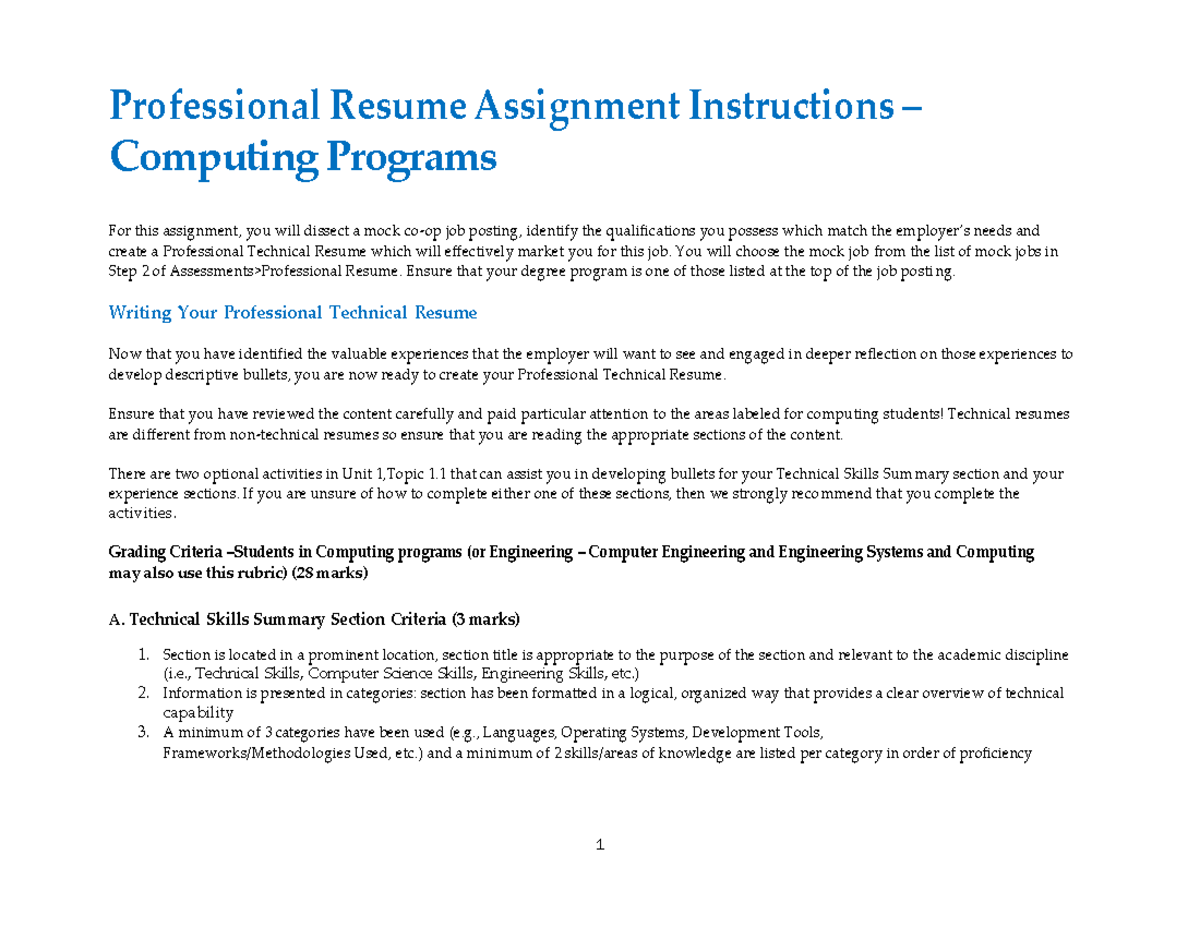 03 Professional Resume Assignment Guidelines for Computing Programs ...
