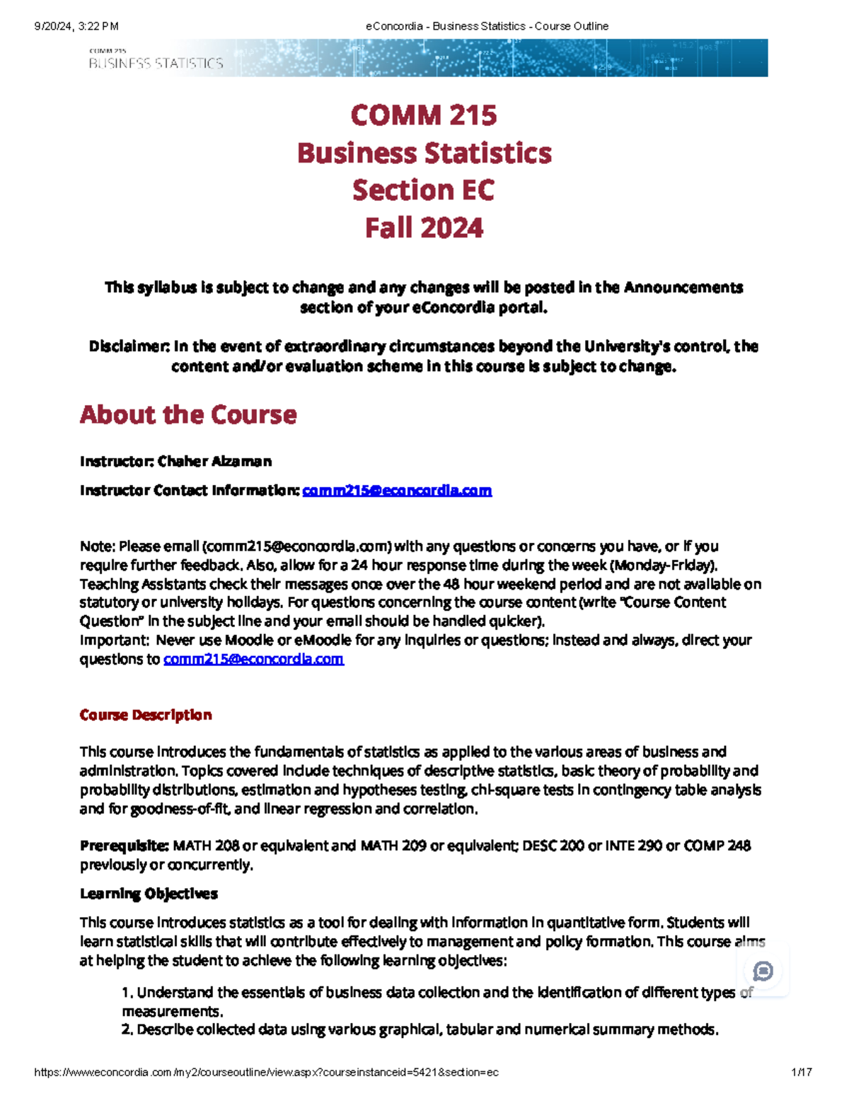 COMM 215: Fall 2024 Business Statistics Course Outline and Syllabus ...