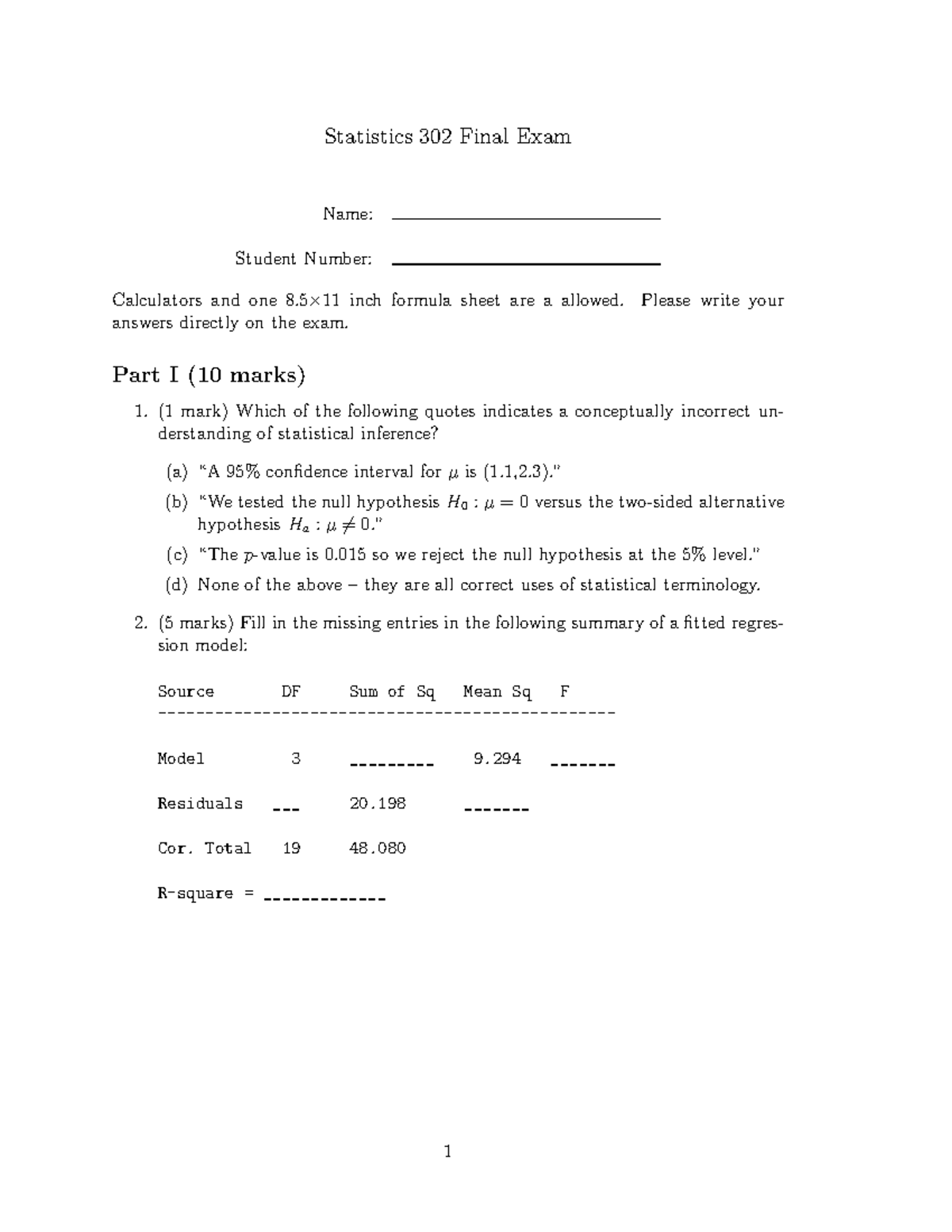 Statistics 302 Final Exam Review: Key Concepts and Problems - Studocu