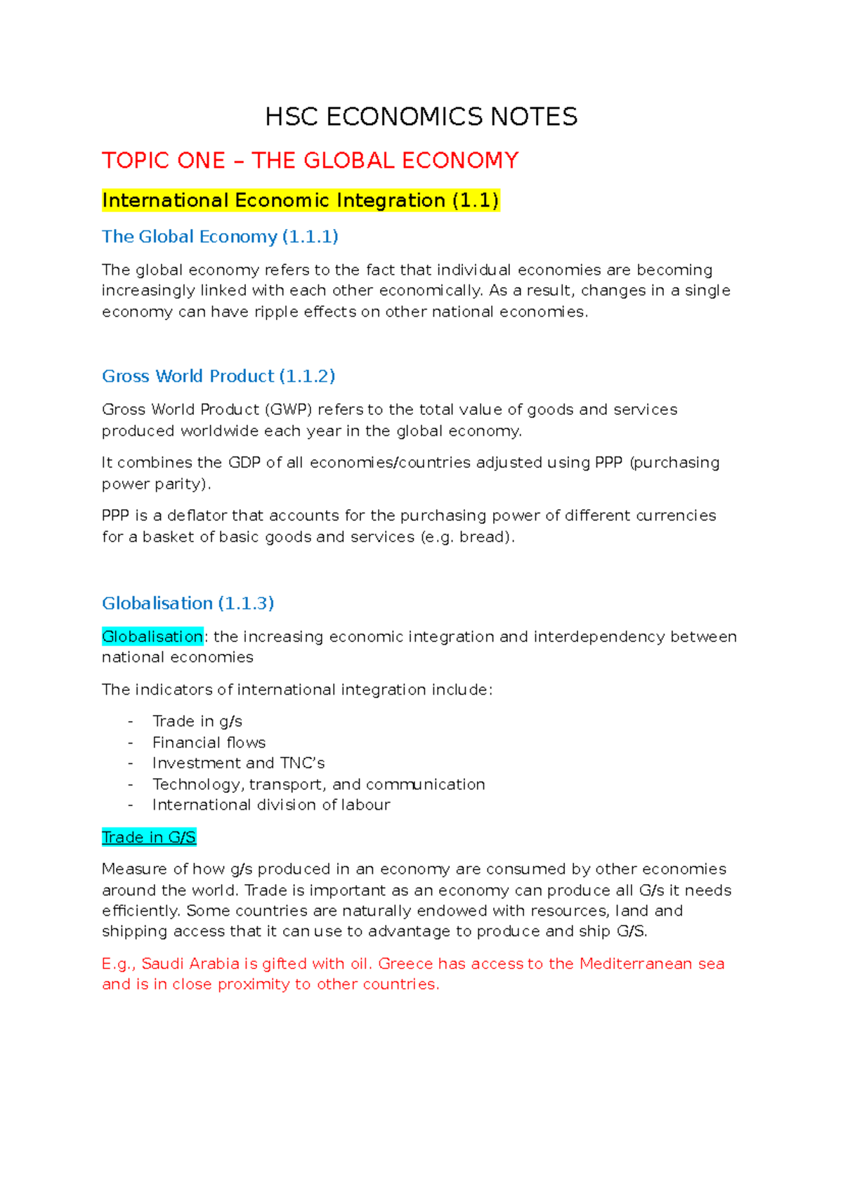 HSC ECONOMICS NOTES: TOPIC 1 - THE GLOBAL ECONOMY - Studocu