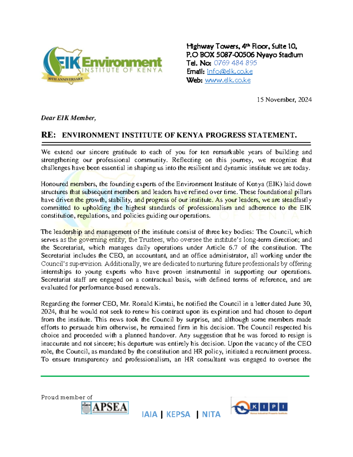 Environment Institute OF Kenya Progress Statement - - Studocu