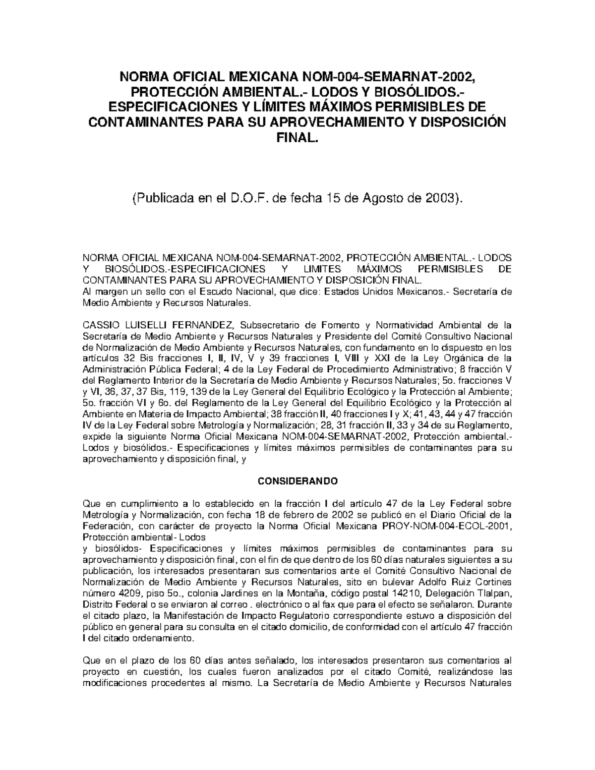 NOM-004-Semarnat: Especificaciones y Límites para Lodos y Biosólidos ...