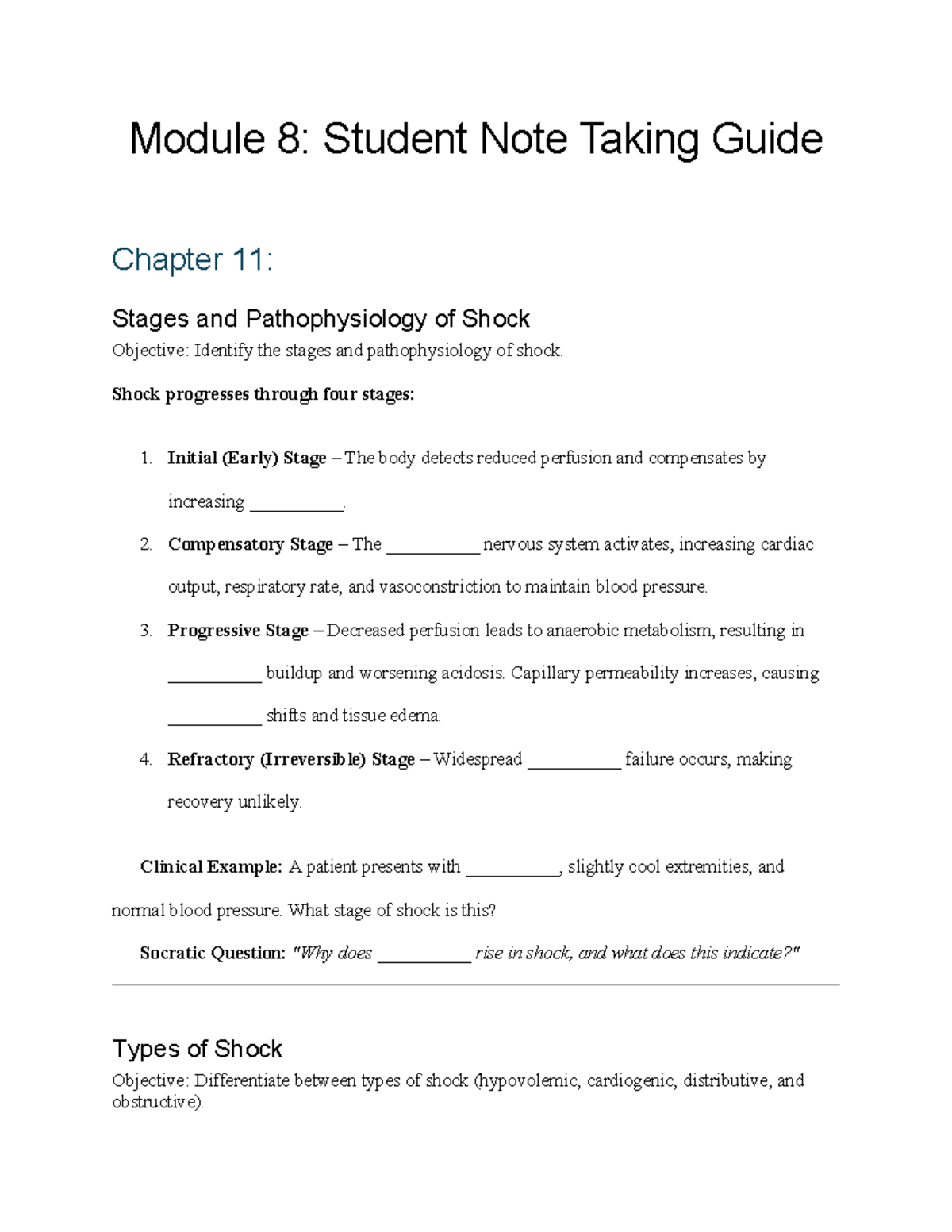 Module 8: Note Taking Guide on Shock Stages & Management - Studocu