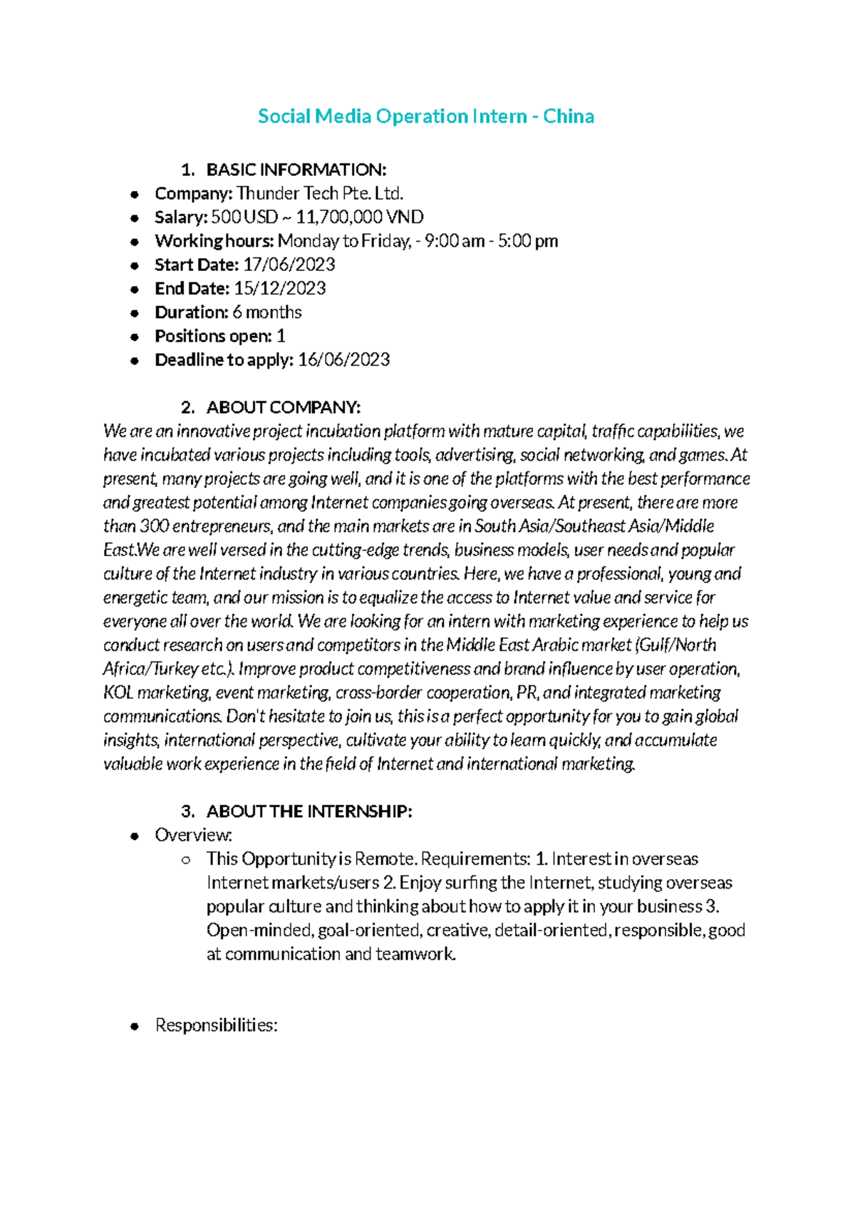 Social Media Operation Internship - China at Thunder Tech Pte. Ltd. -  Studocu