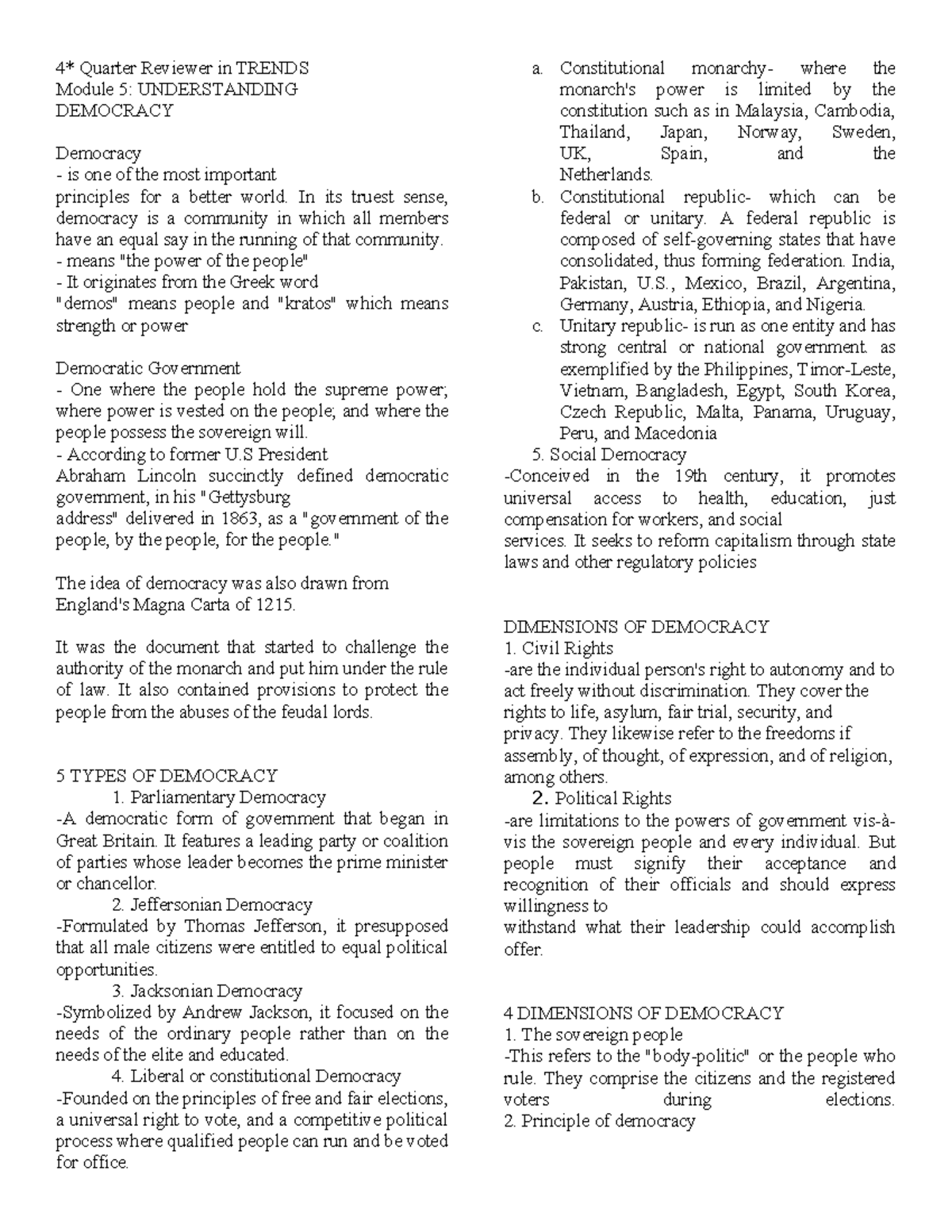 TRENDS Module 5: Understanding Democracy - Final Reviewer Guide - Studocu