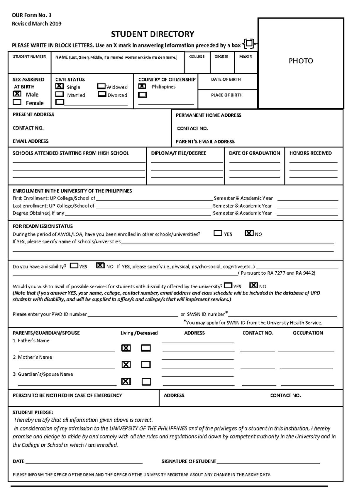 UP Student Directory Form No. 3 - Revised March 2019 - Studocu