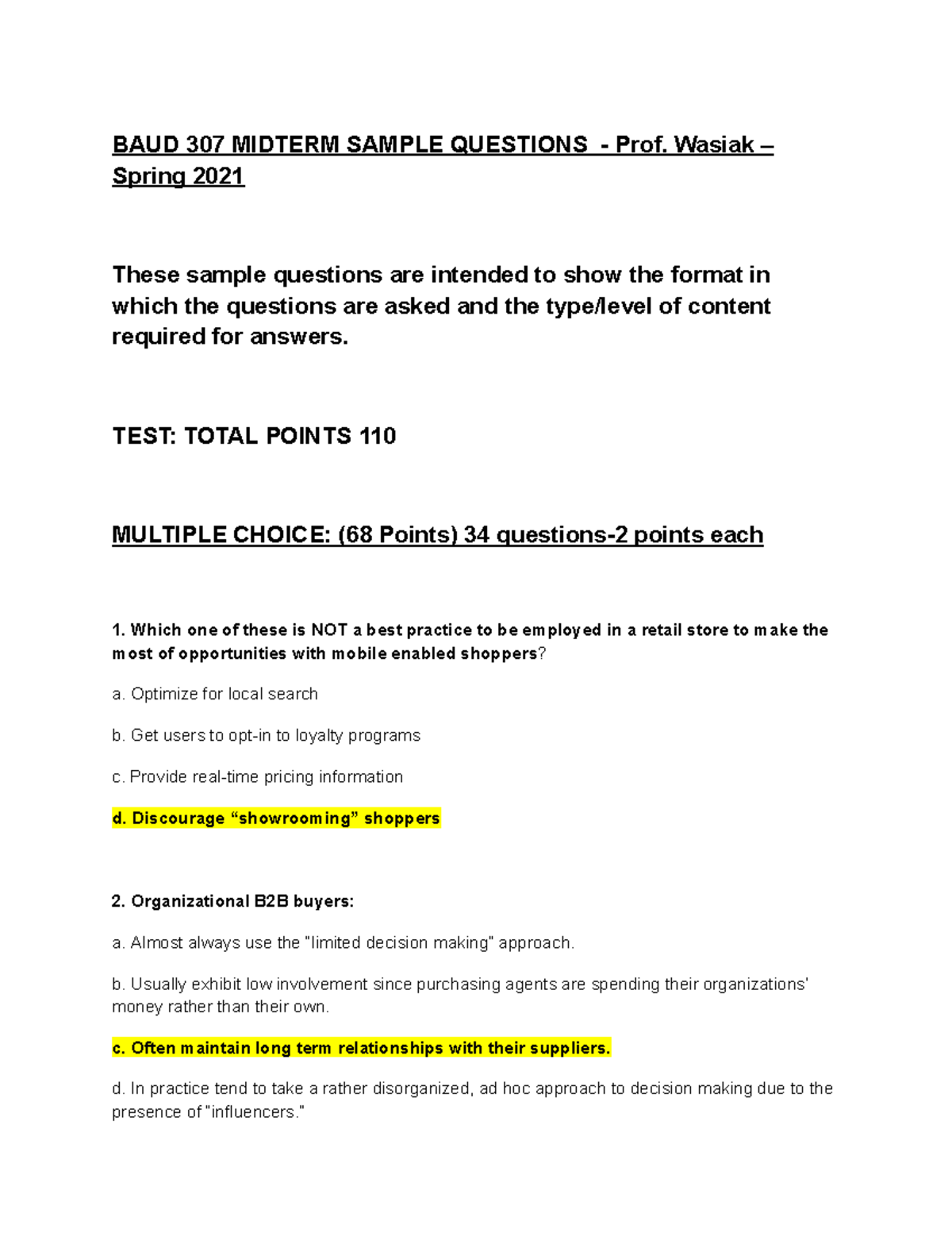 Marketing - Practice Exam - BAUD 307 MIDTERM SAMPLE QUESTIONS - Prof ...