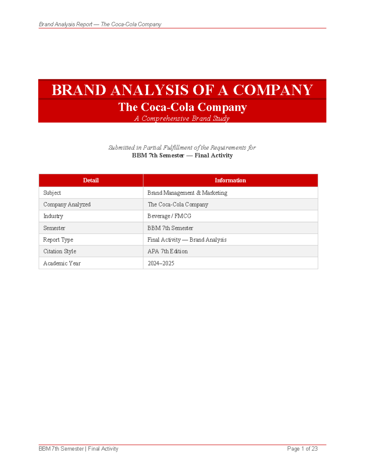 BBM 7th Semester Final Activity: Coca-Cola Brand Analysis Report - Studocu