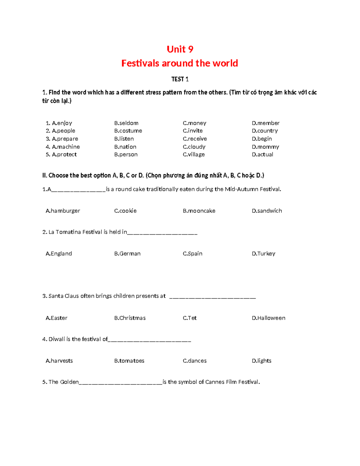 Unit 9 Festivals Around the World - Test 1 (T.Anh 7) - Studocu