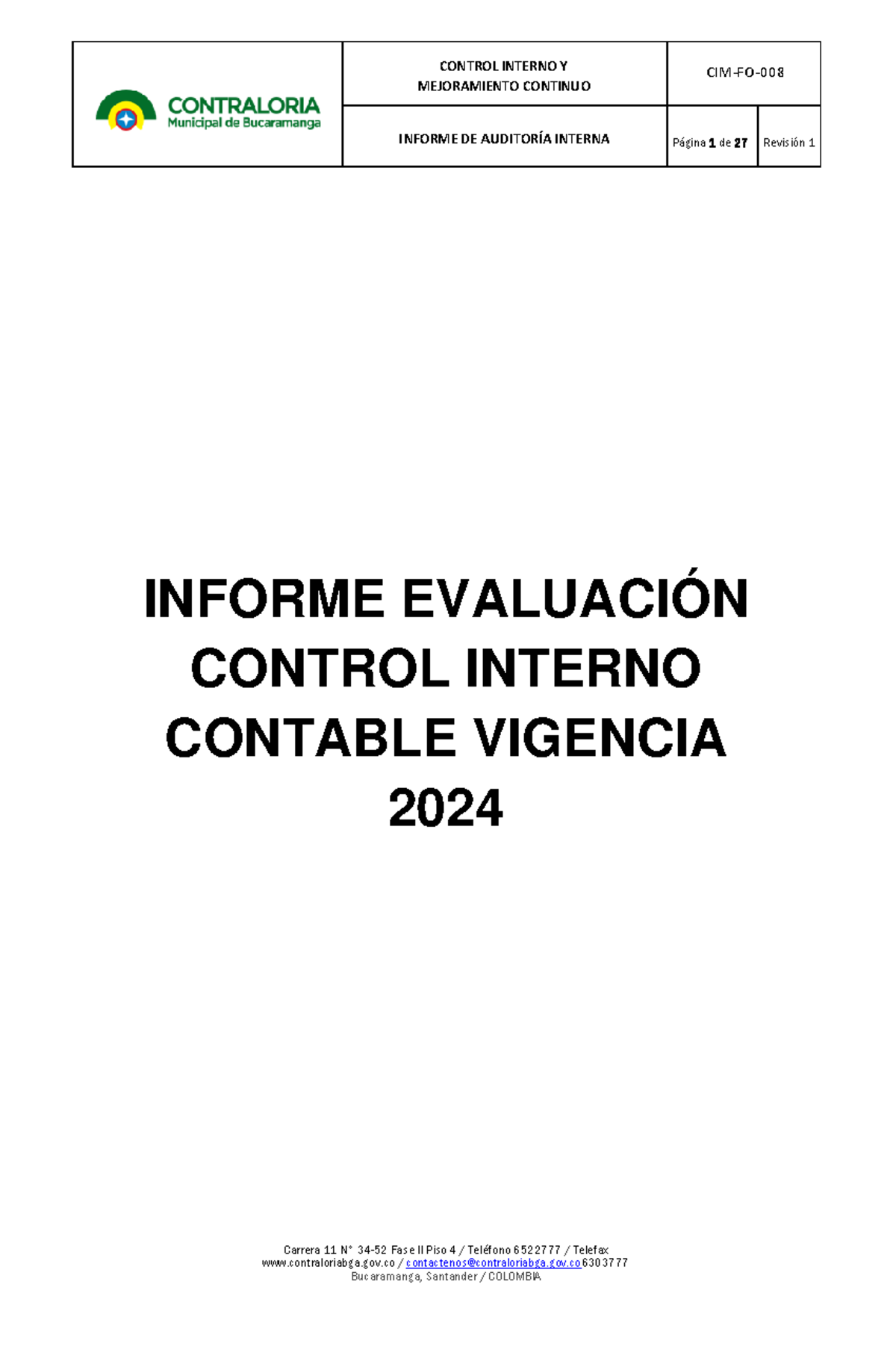 Informe de Auditoría Interna sobre Control Interno Contable 2024 - Studocu