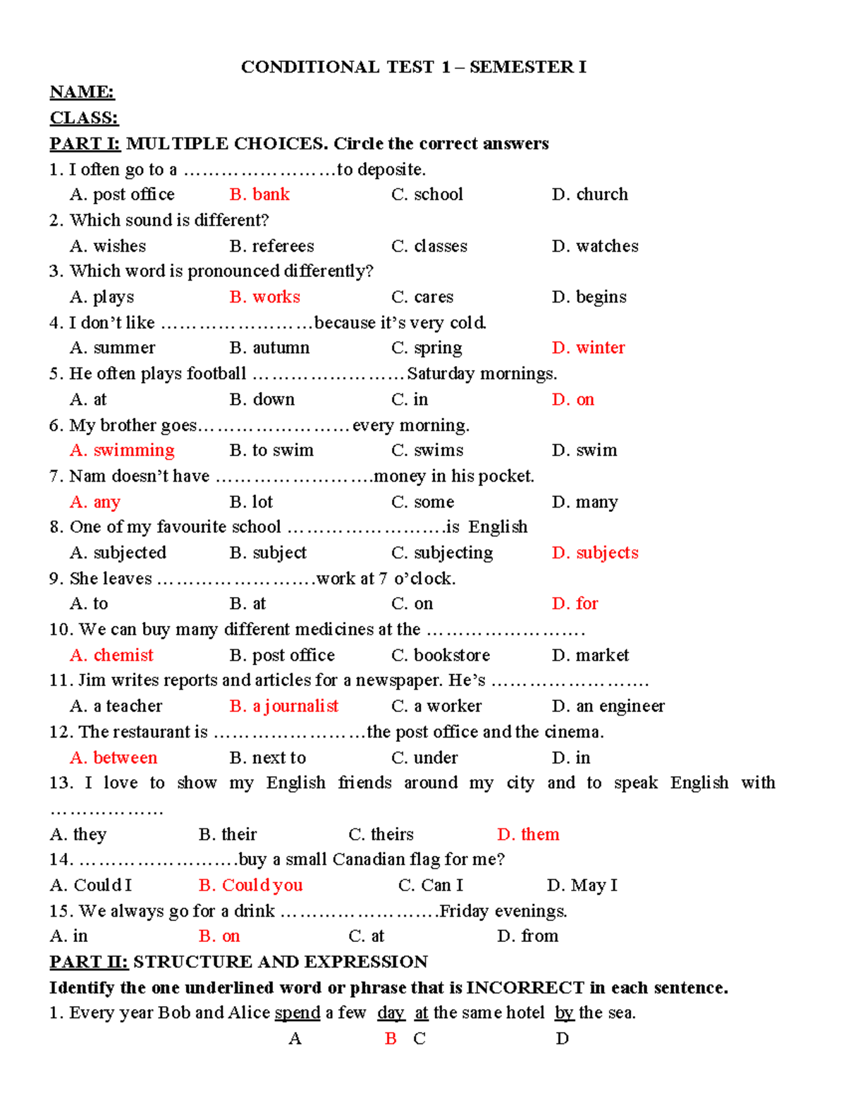 Conditional TEST 1 - nơegjwgvbwei - CONDITIONAL TEST 1 – SEMESTER I ...