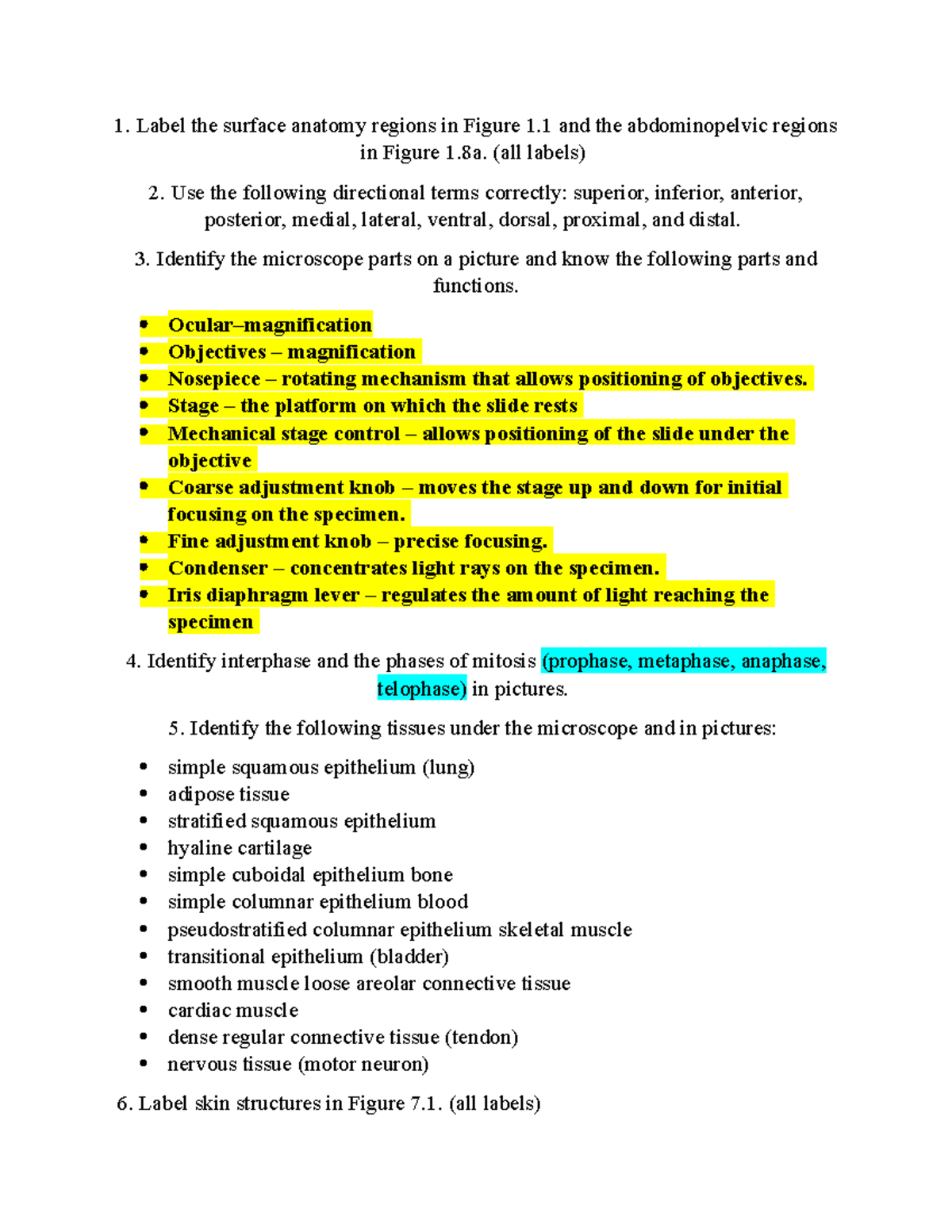 Bio 2113 Lab Practical 1 Study Guide Anatomy And Microscope Essentials