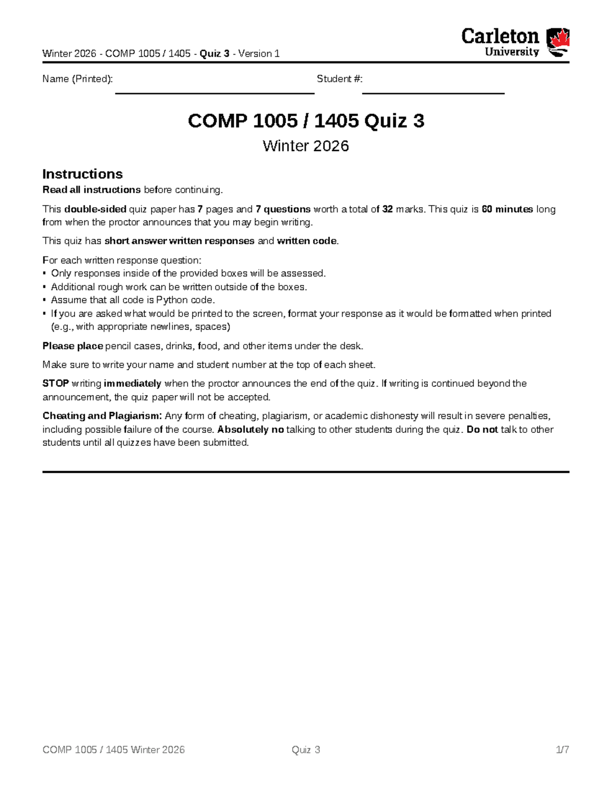 Winter 2026 COMP 1005 1405 Quiz 3 Answers and Solutions - Studocu