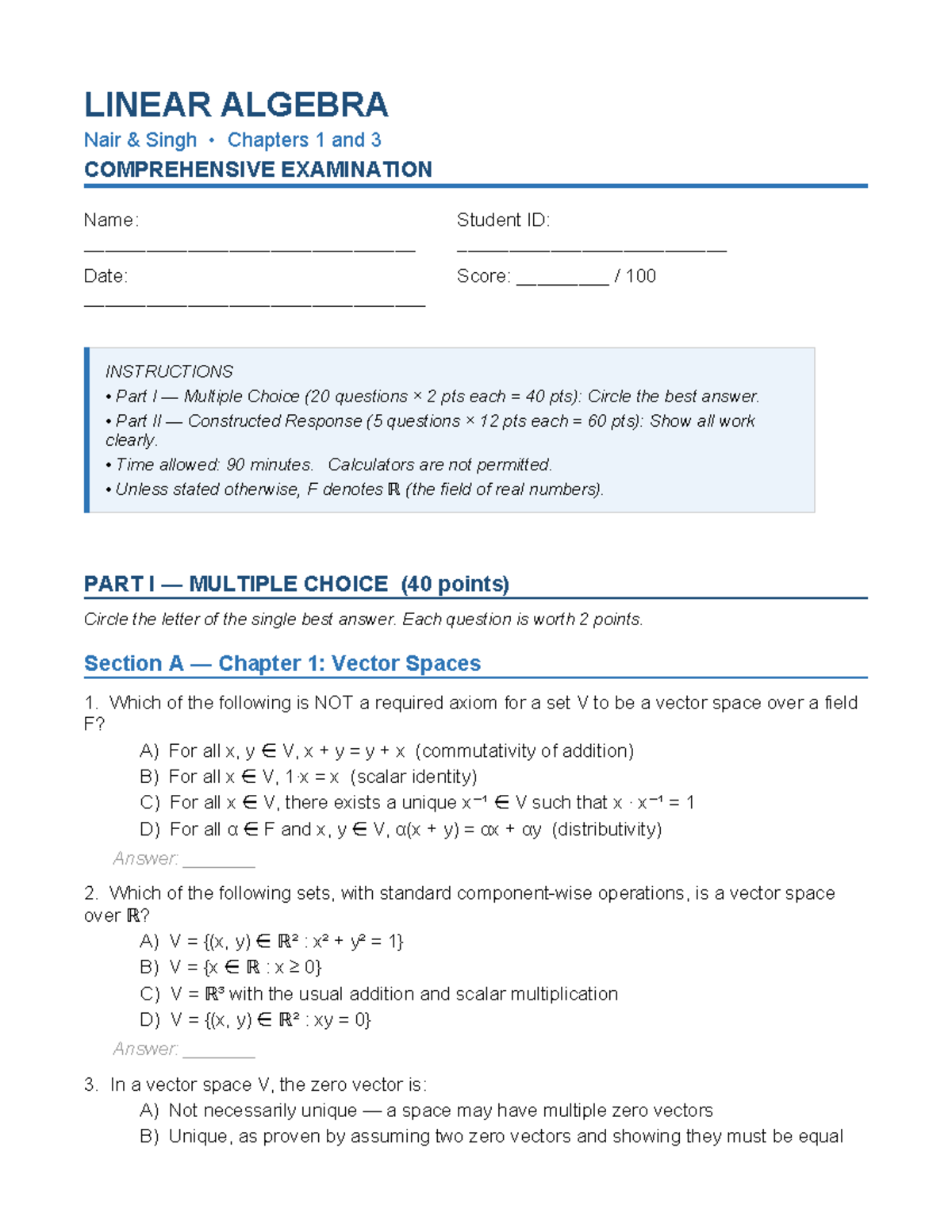 Linear Algebra Exam (Course Code: LA101) Chapters 1 & 3 Review - Studocu