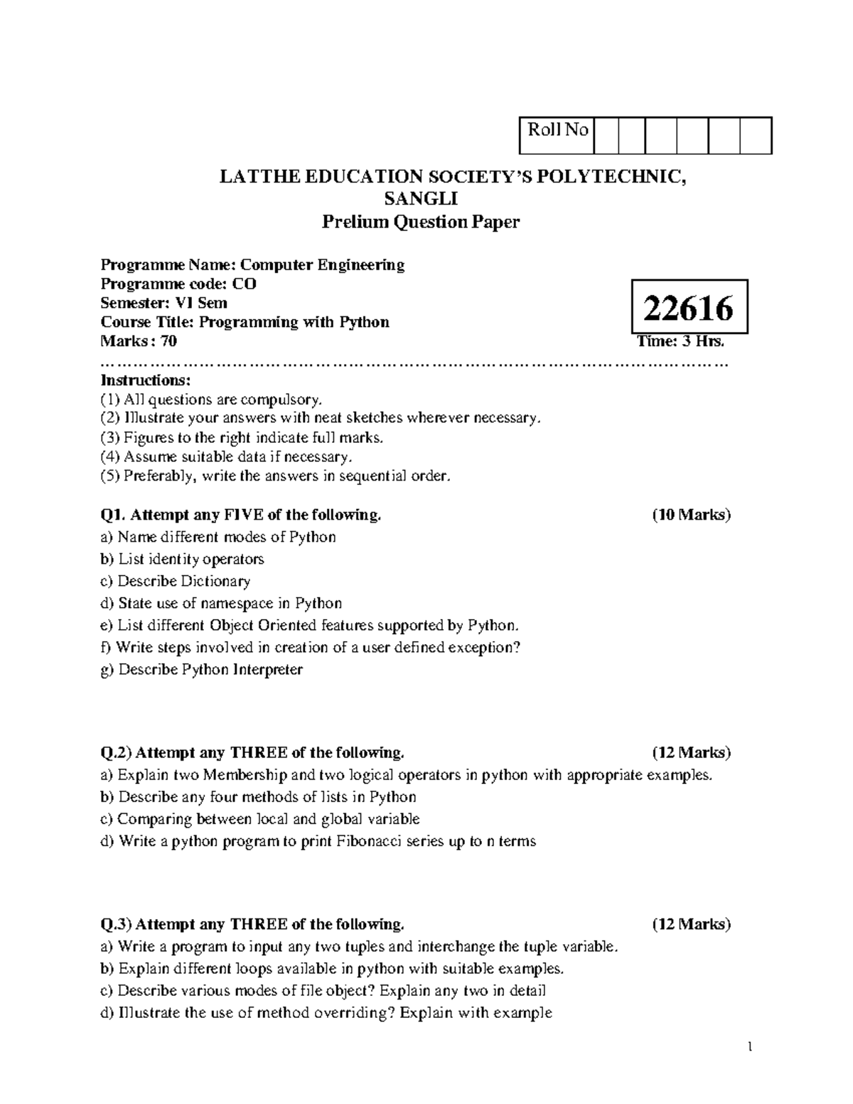 Preliun Question Paper 22616 PWP - 1 Roll No LATTHE EDUCATION SOCIETY’S ...