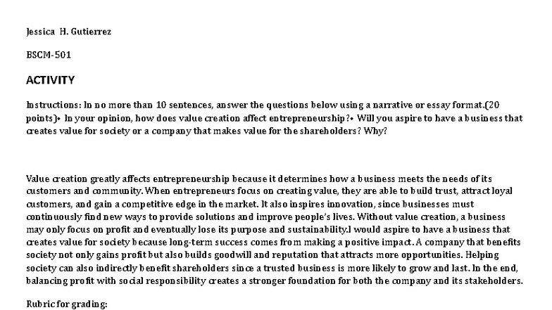 Activity 2: Value Creation in Business - Essay Instructions (STI Format ...
