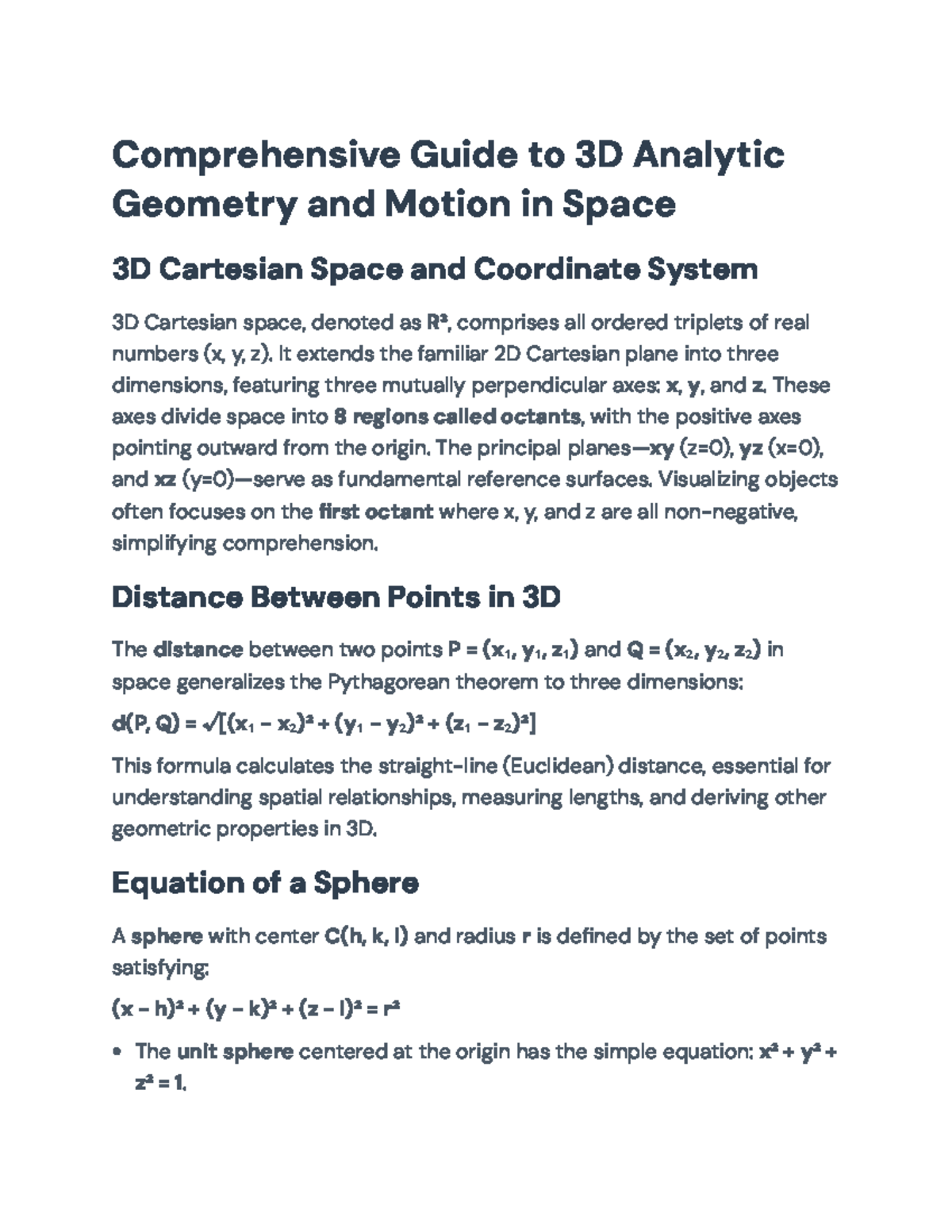 Comprehensive Study of 3D Analytic Geometry and Motion in Space - Studocu