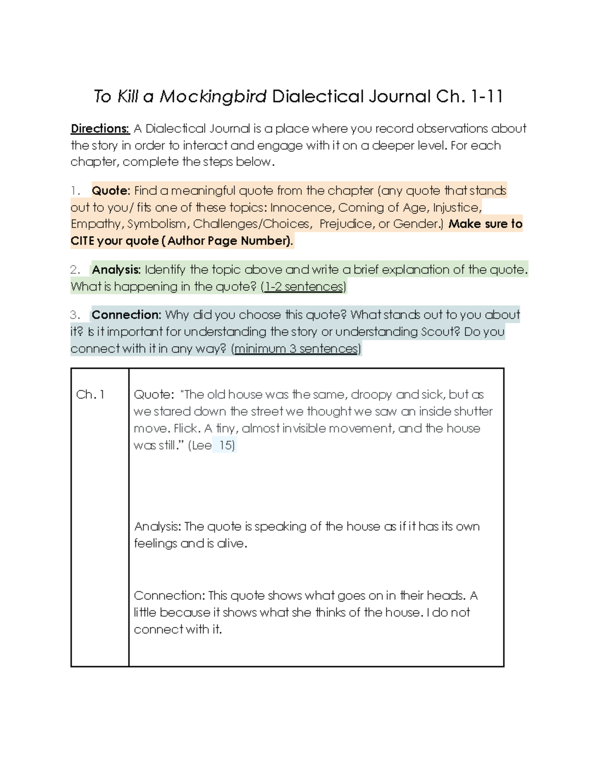 To Kill a Mockingbird Dialectical Journal: Ch. 1-11 Analysis - Studocu