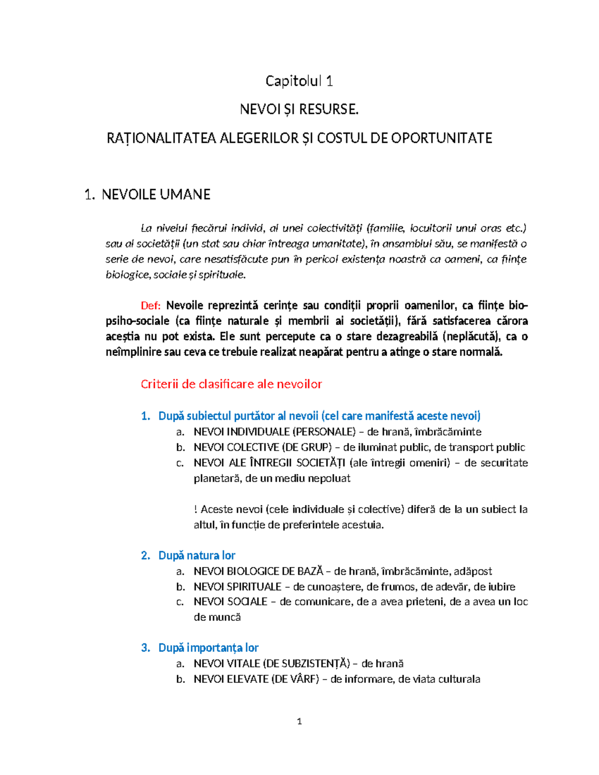 Capitolul 1: Nevoi și Resurse. Costul de Oportunitate în Economie - Studocu