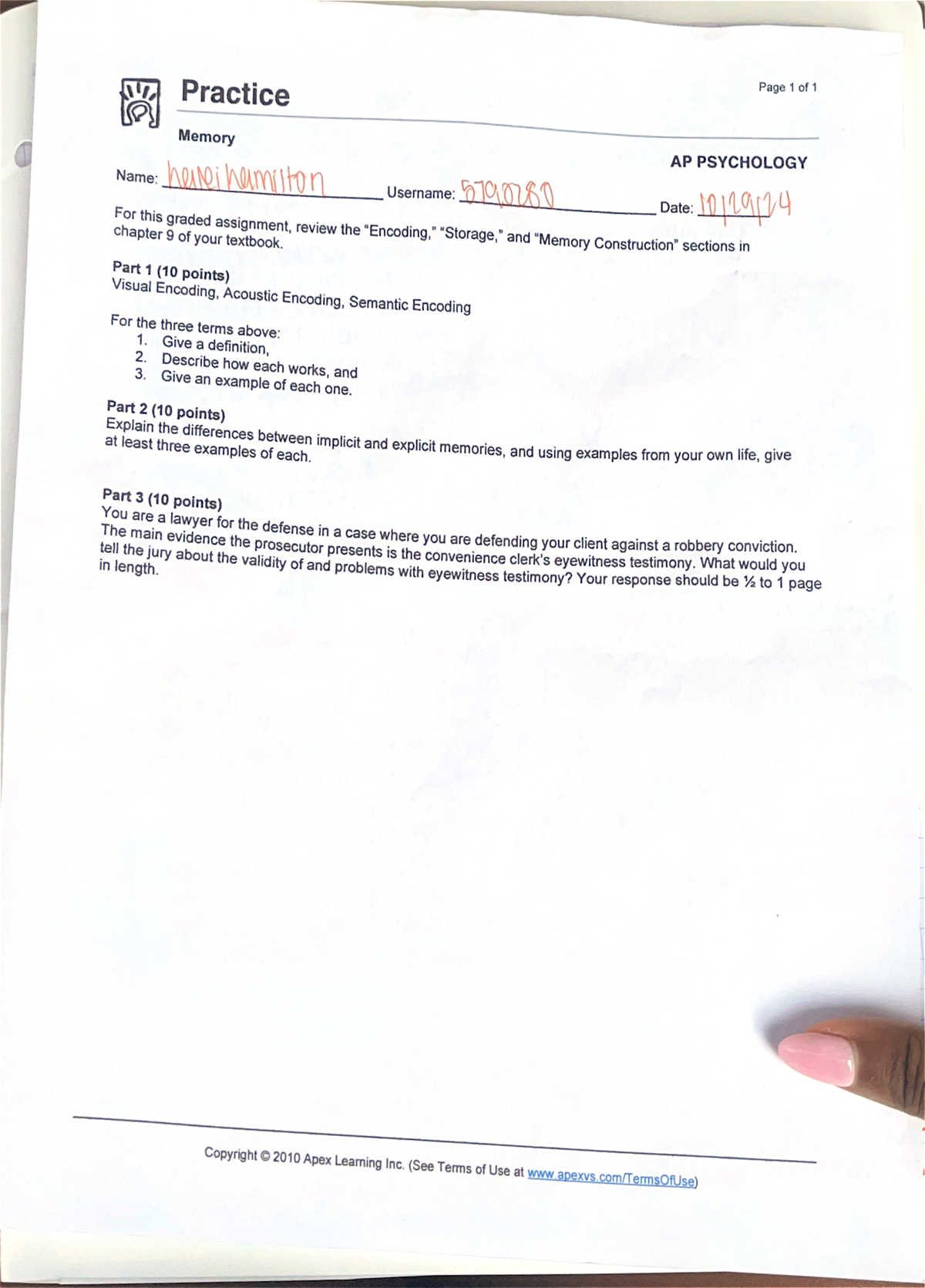 Memory Practice - ... - Page 1 of 1 Practice Memory AP PSYCHOLOGY Name ...