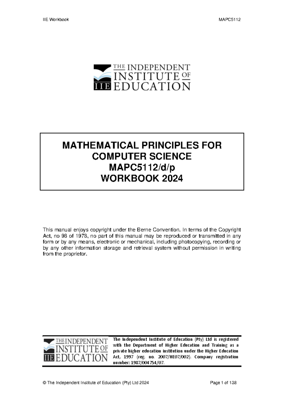 MAPC5112 Workbook: Mathematical Principles for Computer Science - Studocu