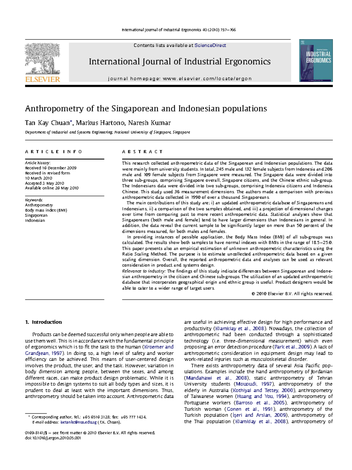Anthropometric Study of Singaporean and Indonesian Populations (ENGG ...