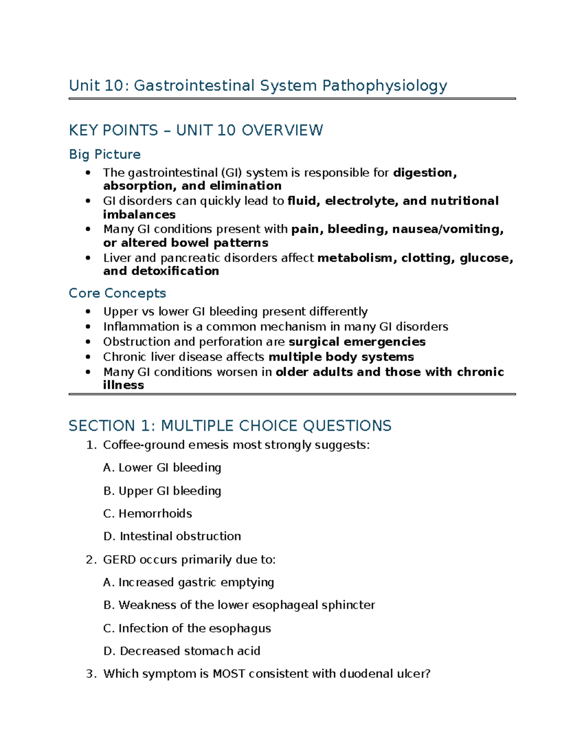Practice Questions for Unit 10: GI System Pathophysiology - Studocu