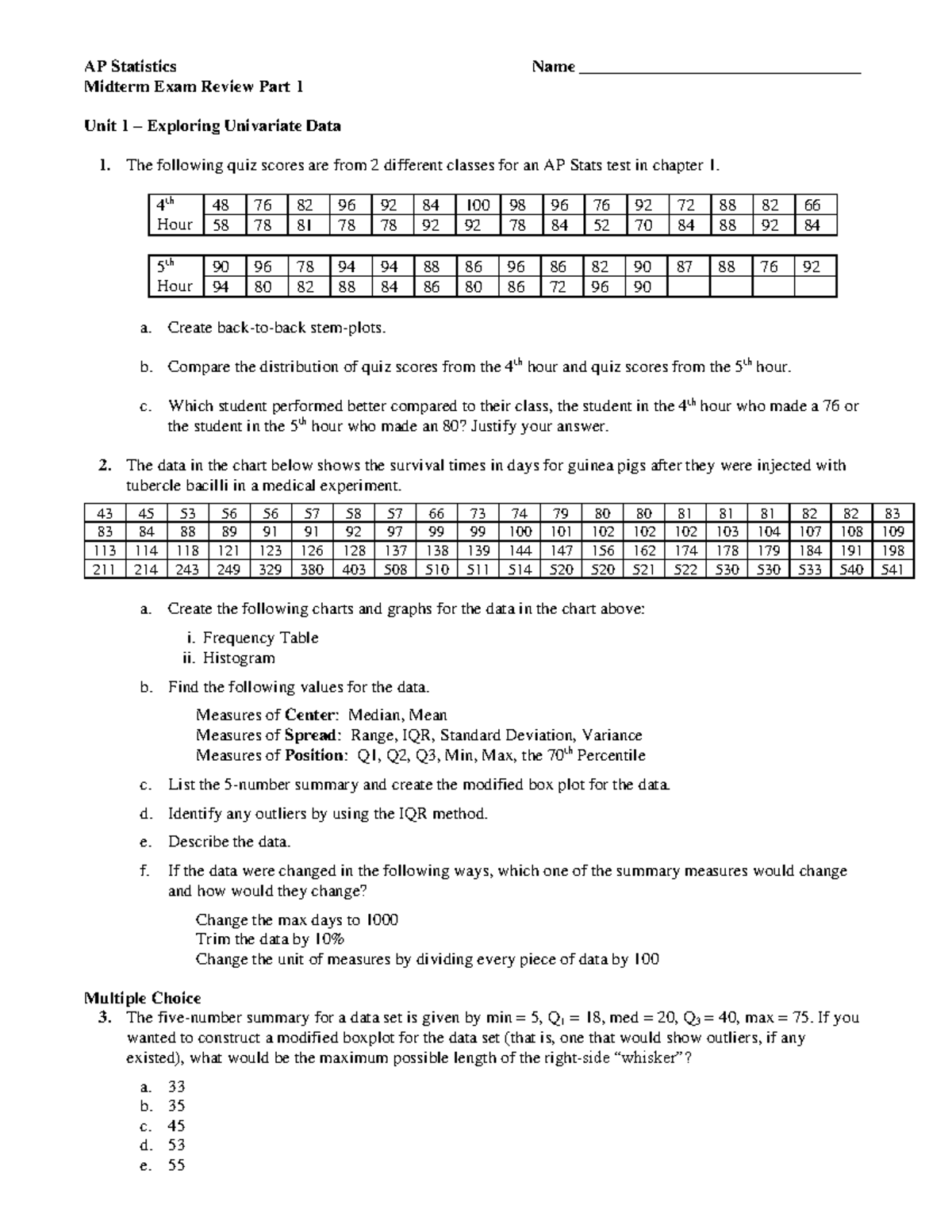 AP Statistics (AP Stat) Midterm Review: Comprehensive Study Guide - Studocu